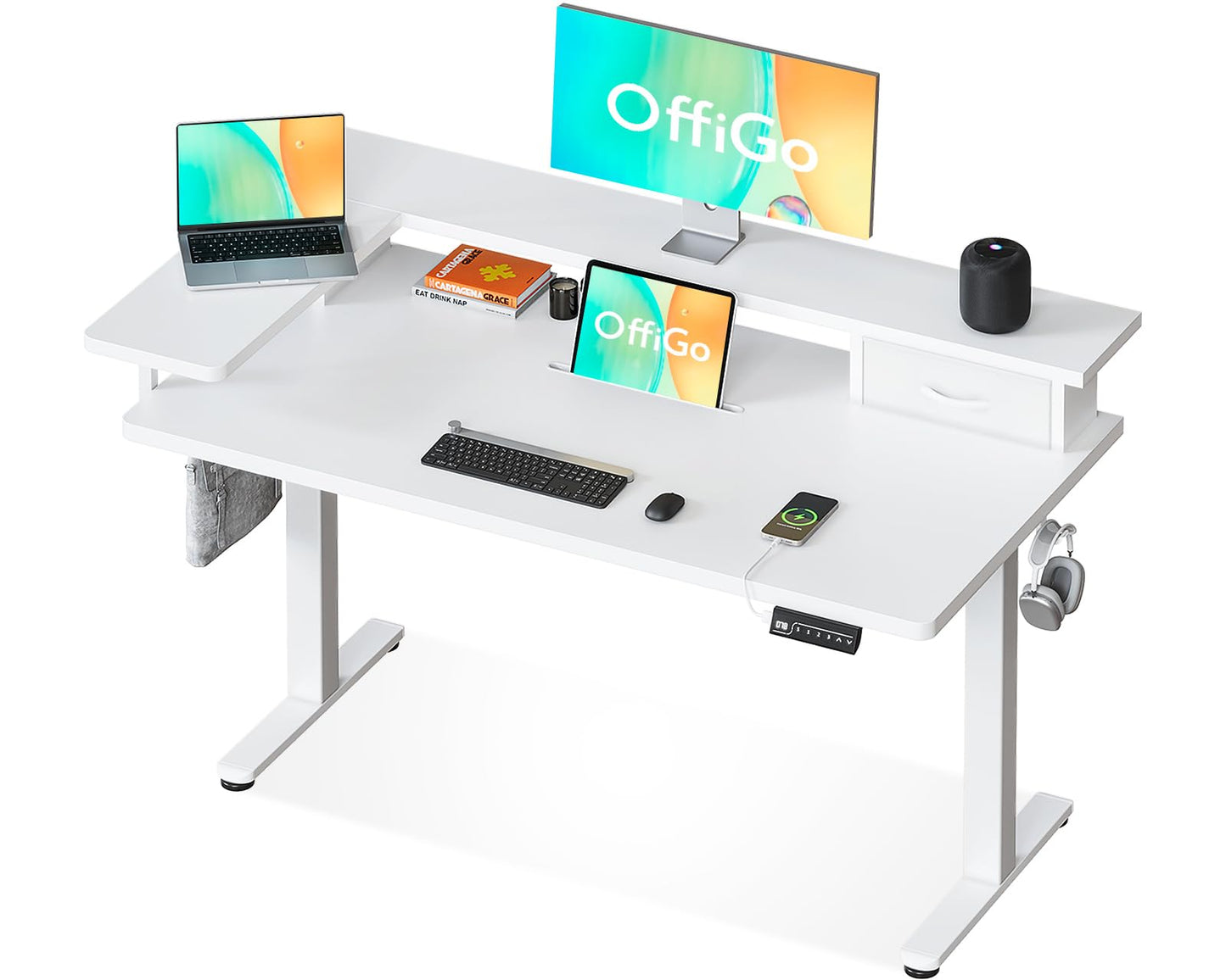 OffiGo Height Adjustable Electric Desk with Drawer and USB, 120 x 60 cm Complete Plate, Ergonomic Standing Seat Table, Computer Desk, Maple