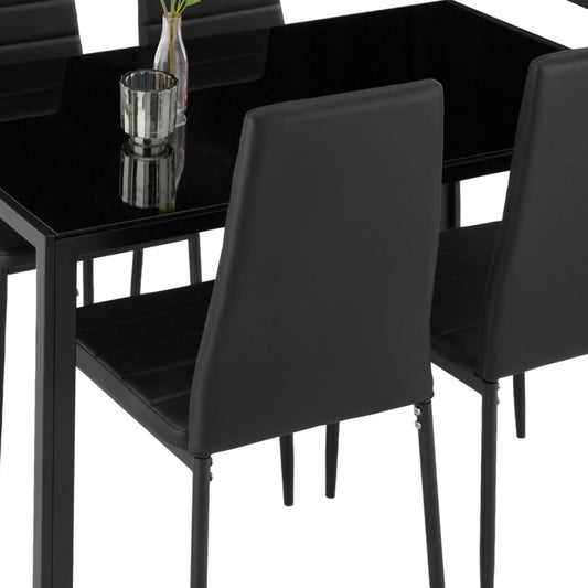 tectake Dining Set Table and Chairs, Dining Table and 4 x Chairs, Durable Faux Leather, Safety Glass Table Top, Modern Kitchen Chairs - Black
