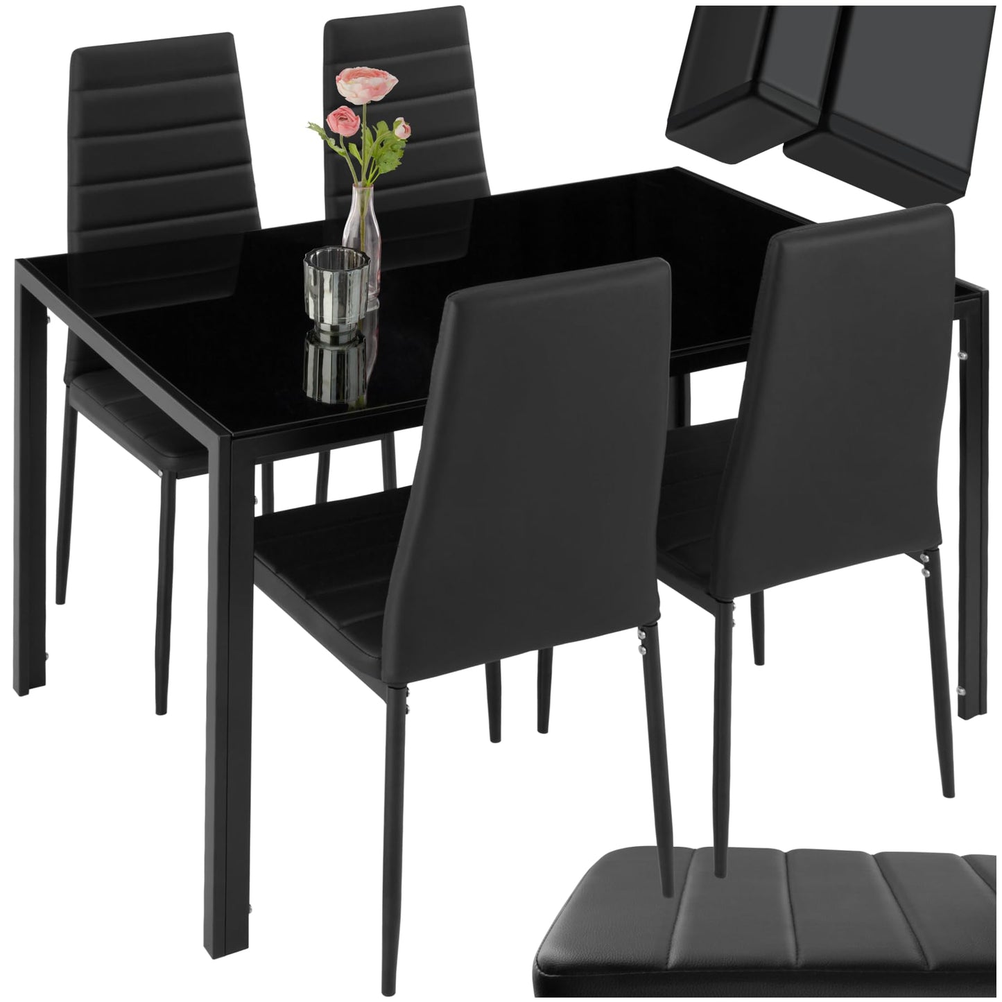 tectake Dining Set Table and Chairs, Dining Table and 4 x Chairs, Durable Faux Leather, Safety Glass Table Top, Modern Kitchen Chairs - Black
