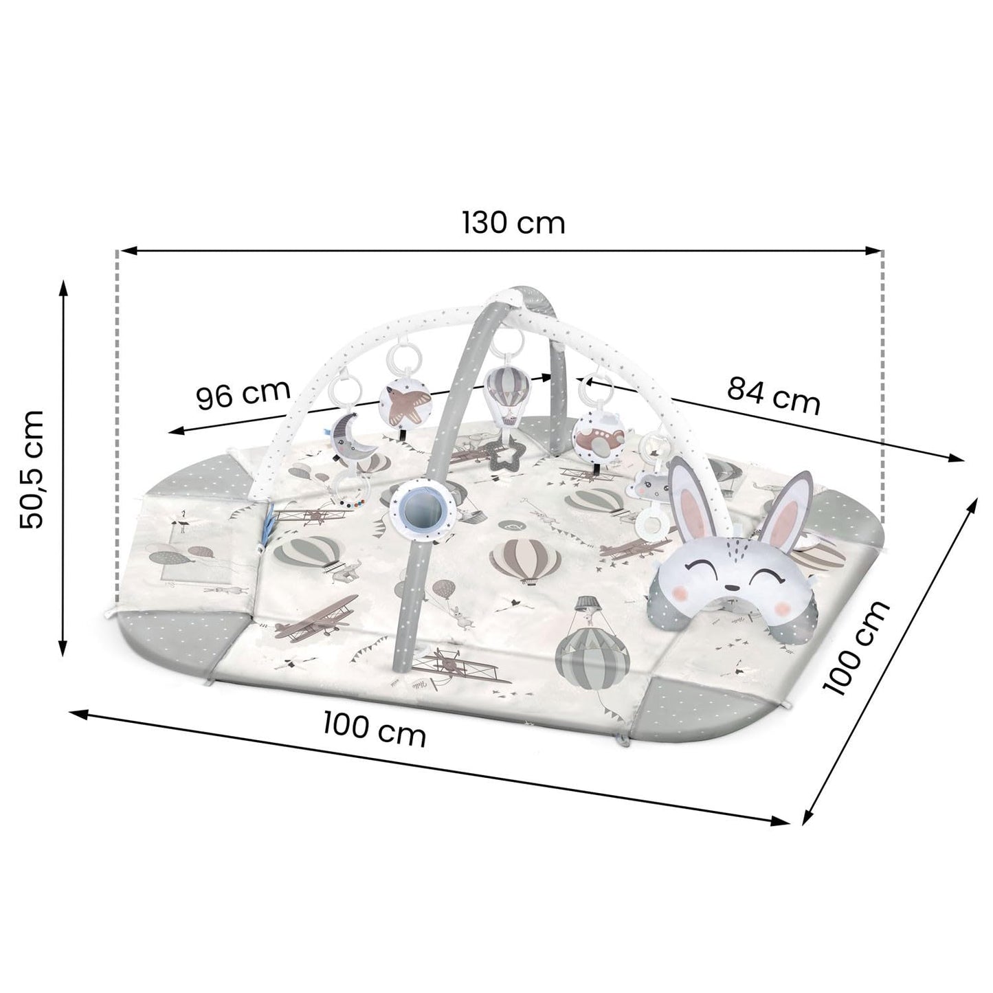 Nukido Interactive Play Arch Baby 5-in-1 Crawling Blanket for Baby Play Mat Playpen Baby with Mattress Baby Nest with Tummy Time Cushion 2 Sheets with 7 Sensory Toys 56 cm Grey