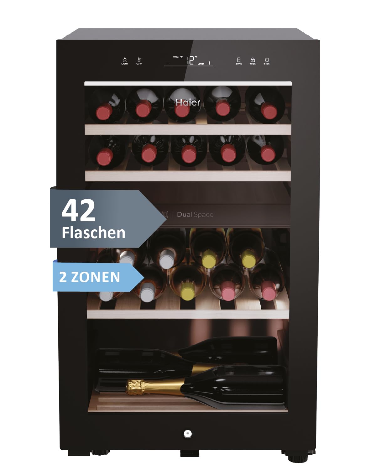 Haier Wine Fridge 50 Series 3 HWS34GGH1 I Wine Climate Cabinet for 34 Bottles I Modern Wine Fridge with UV Glass Door & 5 Wooden Shelves I Wine Cooler with Wi-Fi & Touch Display I Low Vibration