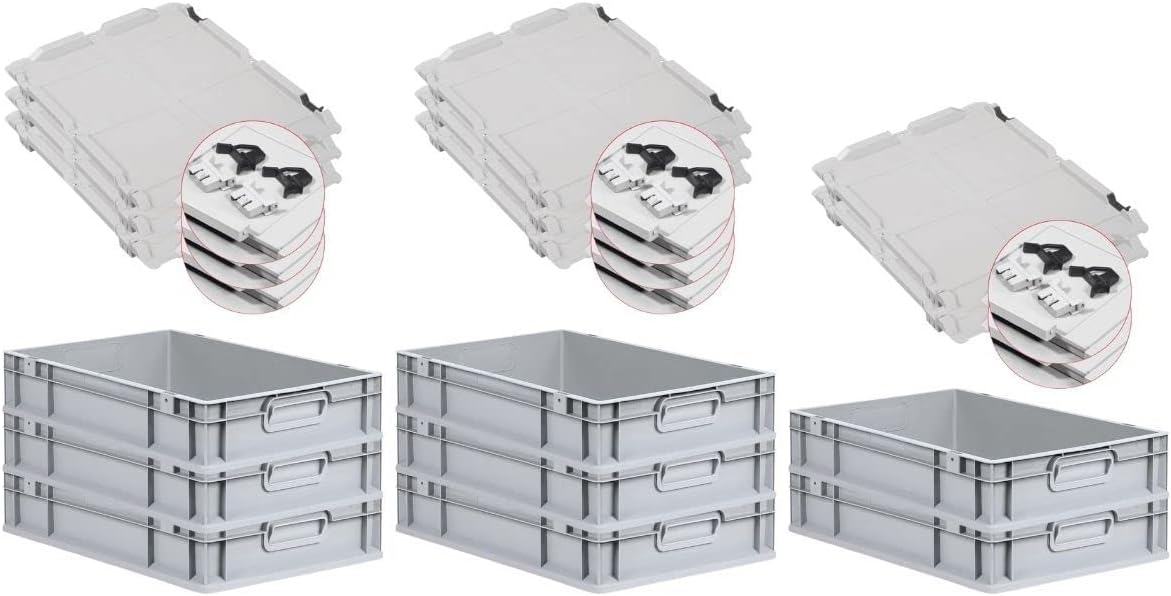 PROREGAL SuperSparSet 3 x Eurobox NextGen Grip with Lid and Yellow Clasps, H x W x D 32 x 40 x 60 cm, 65 Litres, Open Handles, Reinforced Base, Euro Container, Transport Box