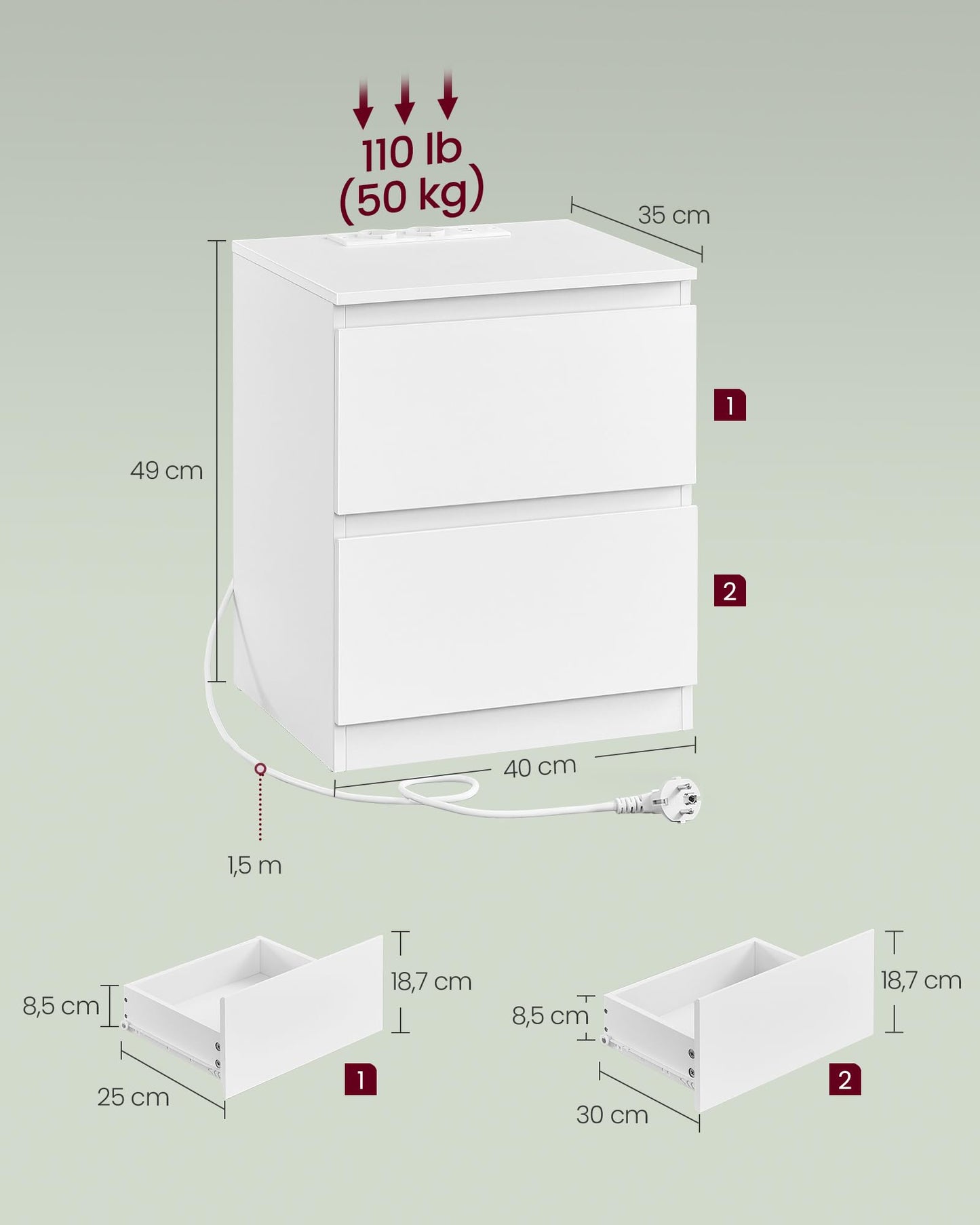 VASAGLE Kailyn Collection - Bedside Table with Power Strip, Set of 2, Side Table 2 Drawers, 2 AC Sockets, 2 USB-A Ports, for Bedroom, Cloud White LET821W02