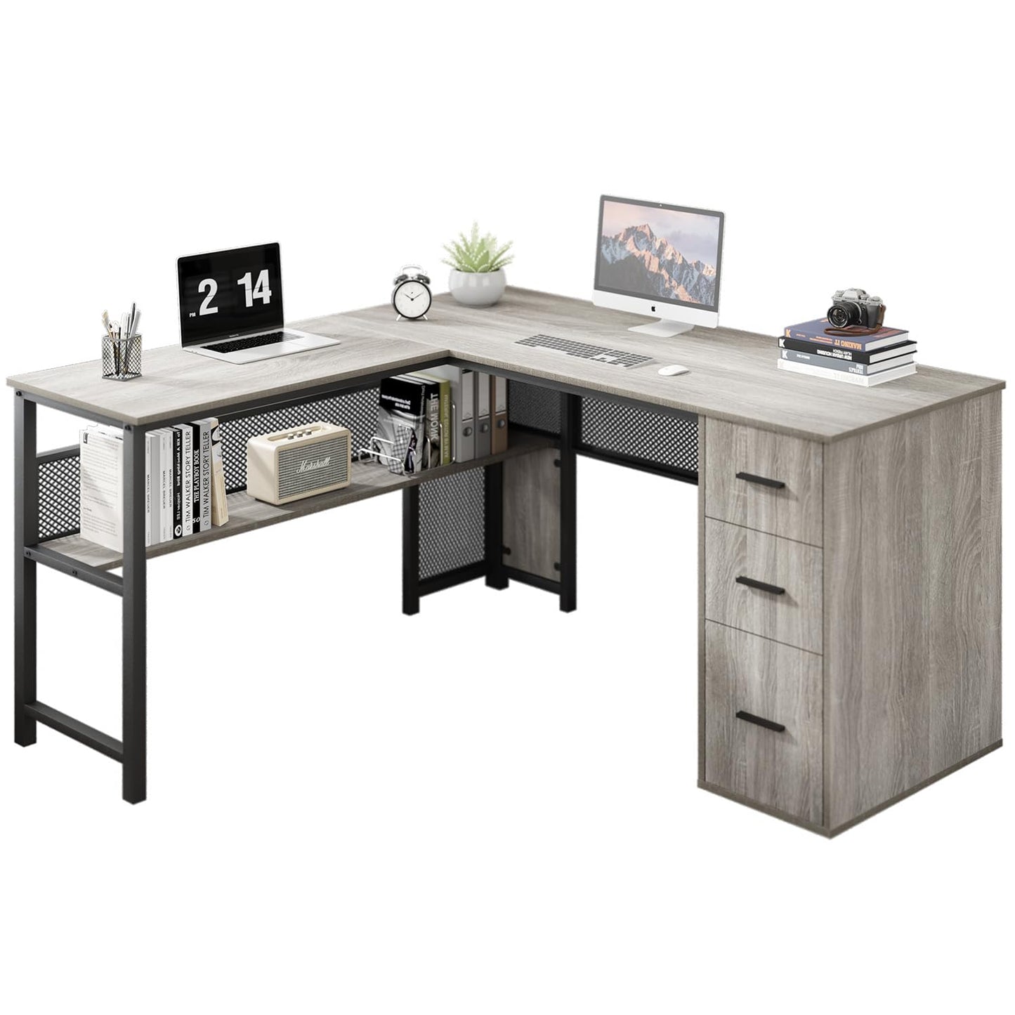 LVB White L Shaped Corner Desk with Drawers, Reversible Modern L Shaped Computer Desk with Storage Cabinets, Large L Shaped Wooden L Shaped Desk Metal L Shape