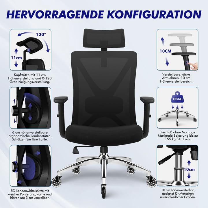 Daccormax Ergonomic Office Chair, Office Chair, Desk Chair with Adjustable Armrests, Soft Lumbar Support Made of Natural Sponge and Headrest, Executive Chair, Swivel Chair, Rocker Function, 150 kg