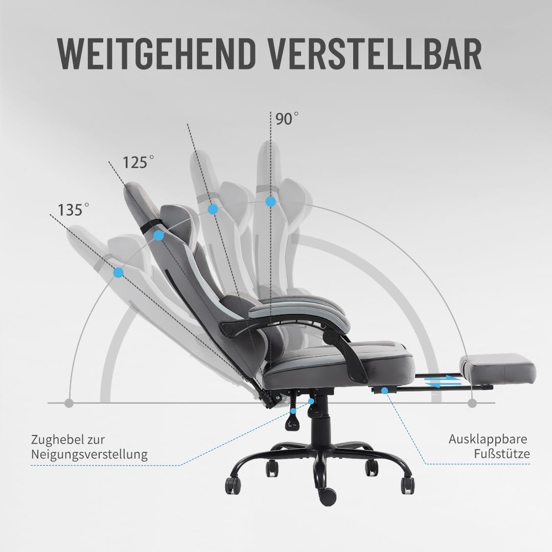 PixelPilot Ergonomic Gaming Chair [Breathable Fabric] Gaming Chair with Footrest, Head and Lumbar Support, Gamer PC Chair Wide Seat, Office Chair 150 kg Load Capacity (Nebula I, Grey)
