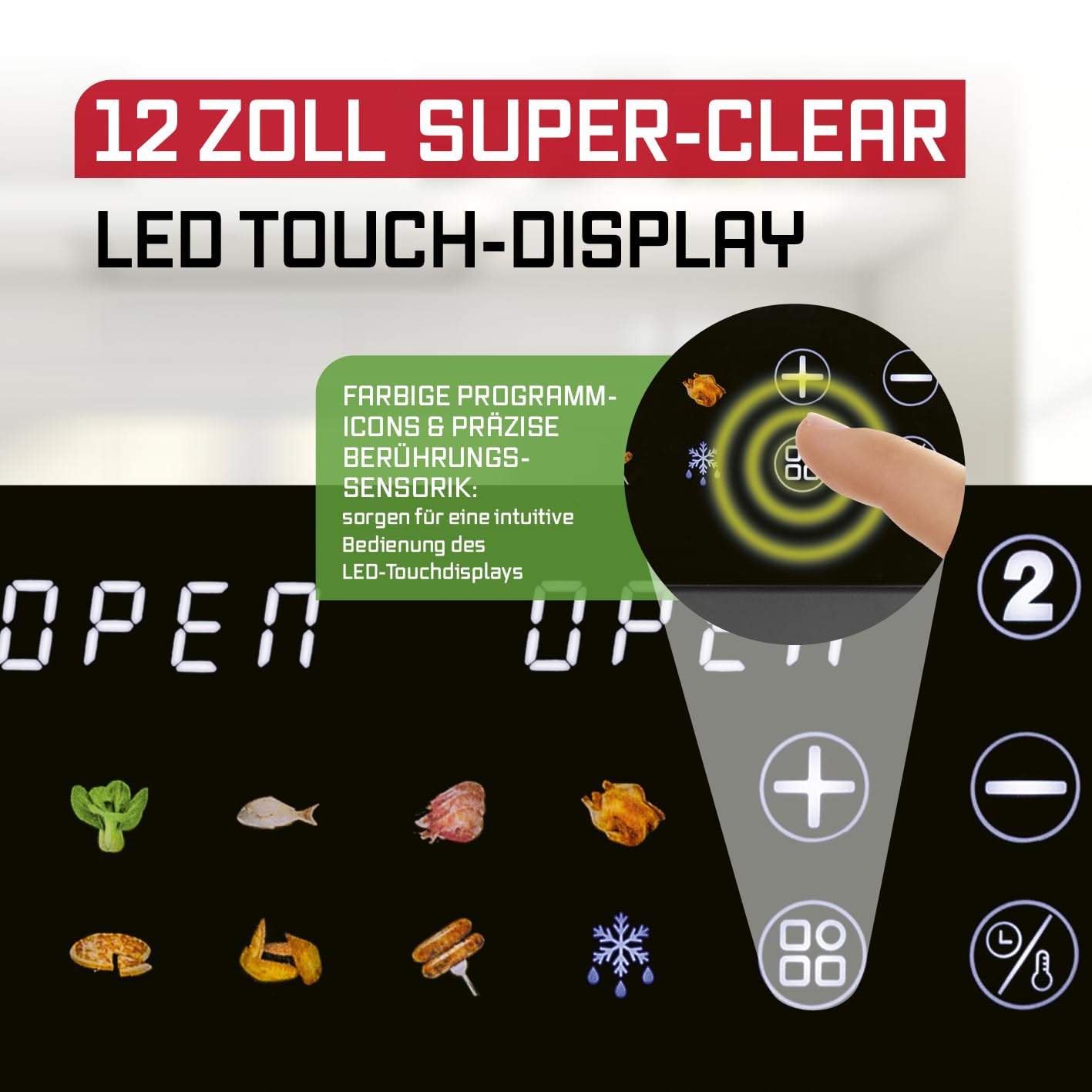 GOURMETmaxx Digitale Heißluftfritteuse 12 L, XXL-Edelstahl-Ofen | Airfryer + Timer, Touchdisplay, Drehspieß | fettarm, energiesparend frittieren | 10 Programme inkl. Pizza | 1800 W