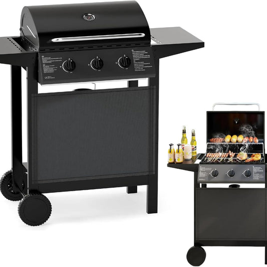 KOMFOTTEU Gas Barbecue with 3 Burners & Thermometer, 24,000 BTU, Outdoor Grill with 2 Side Plates, Cooking Grate, 2 Wheels, Garden Grill for Camping, Yard, 106 x 47 x 98 cm