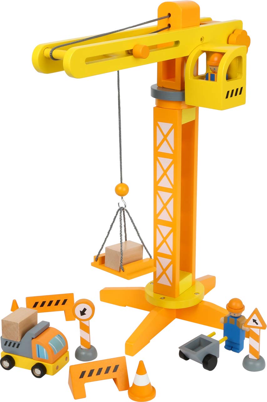 Small Foot 12007 Wooden Crane FSC 100% Certified with Construction Site Accessories 13 Pieces 360 Degree Rotation for Small Builders Toys Multi-Colour