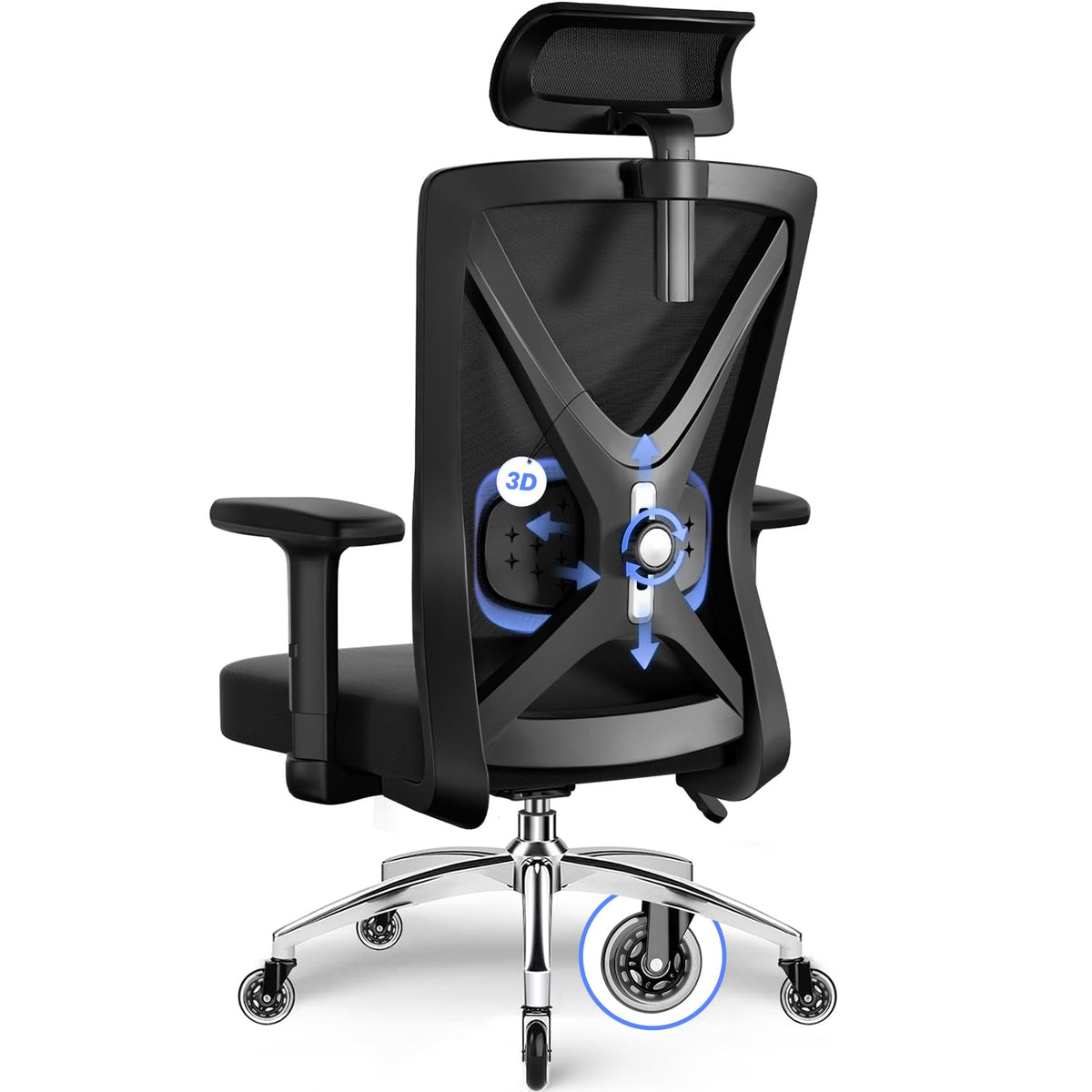 Daccormax Ergonomic Office Chair, Office Chair, Desk Chair with Adjustable Armrests, Soft Lumbar Support Made of Natural Sponge and Headrest, Executive Chair, Swivel Chair, Rocker Function, 150 kg