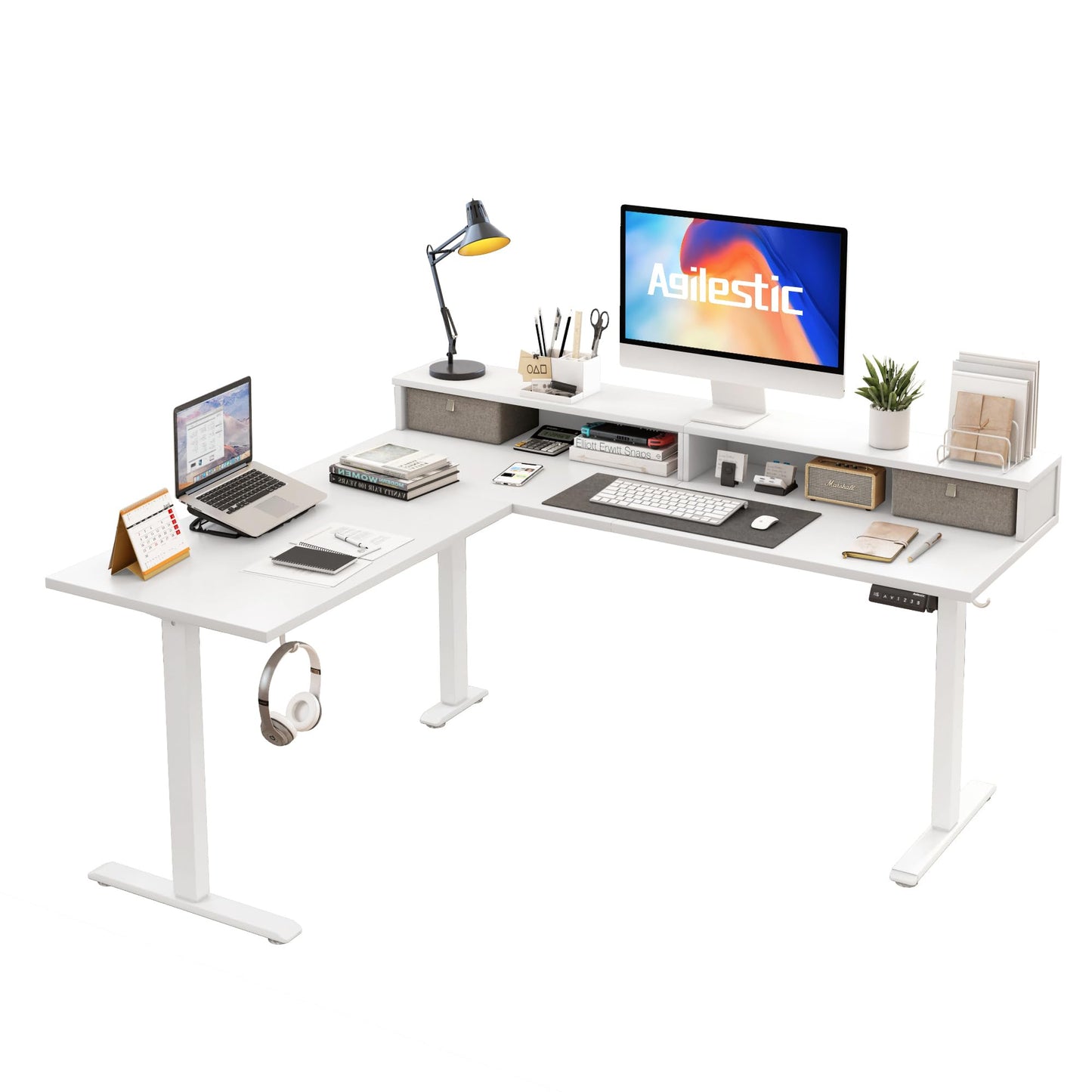 Agilestic L-Shaped Height-Adjustable Desk, 160 x 140 cm Desk, Height Adjustable, Electric, Corner Desk, Ergonomic Standing Seat Table, Computer Desk, White
