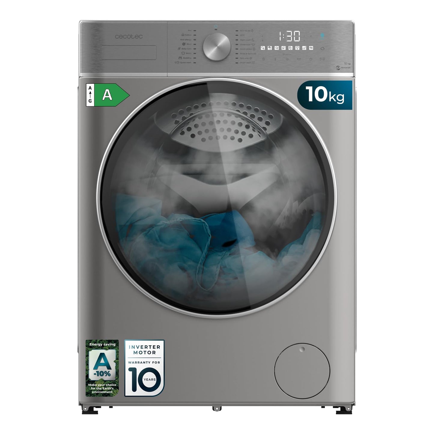 Cecotec Frontlader-Waschmaschine 10 kg Bolero DressCode 10800 Inverter Steel A, 1400 U/min, 16 Prog, Energieeffizienzklasse A, Inverter Plus Motor, SteamMax, Intelligentes Waschen und Ladungsdetektor