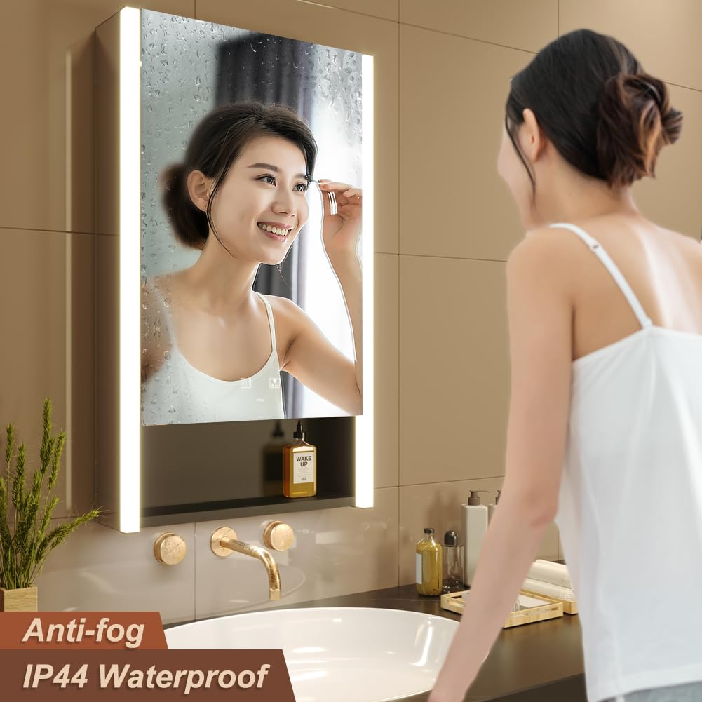 KWW LED Beleuchtetes Badezimmer Medizin Kabinett mit Spiegel, Farbtemperatur Einstellbar, Anti-Nebel Dimmbare Lichter, Steckdosen für USBs (75 x 70 cm)