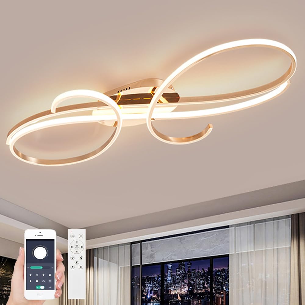WSXEDC Moderne Kreative LED Deckenleuchte Dimmbare Metall Chrom für die Augenpflege Deckenlampe Mit Fernbedienung für Wohnzimmer Schlafzimmer Esszimmer Flure Gold 60cm
