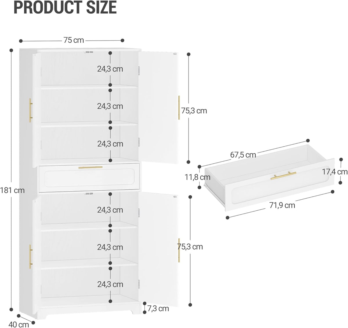 Hzuaneri PT18103X Kitchen Cabinet, Tall Cabinet with 4 Doors, Sideboard with 1 Large Drawer, Buffet Cabinet, Dining Room Cabinet, Adjustable Shelves for Dining Room, Kitchen, Living Room, White