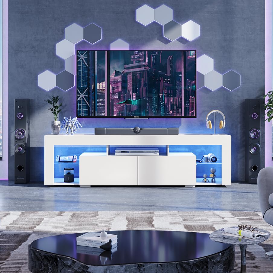 WLIVE TV Cabinet with LED, Lowboard Black for TVs up to 60 Inches, TV Stand for Living Room, 20 Colours LED Lighting, TV Cabinet with Open Storage Space and Drawers, Black