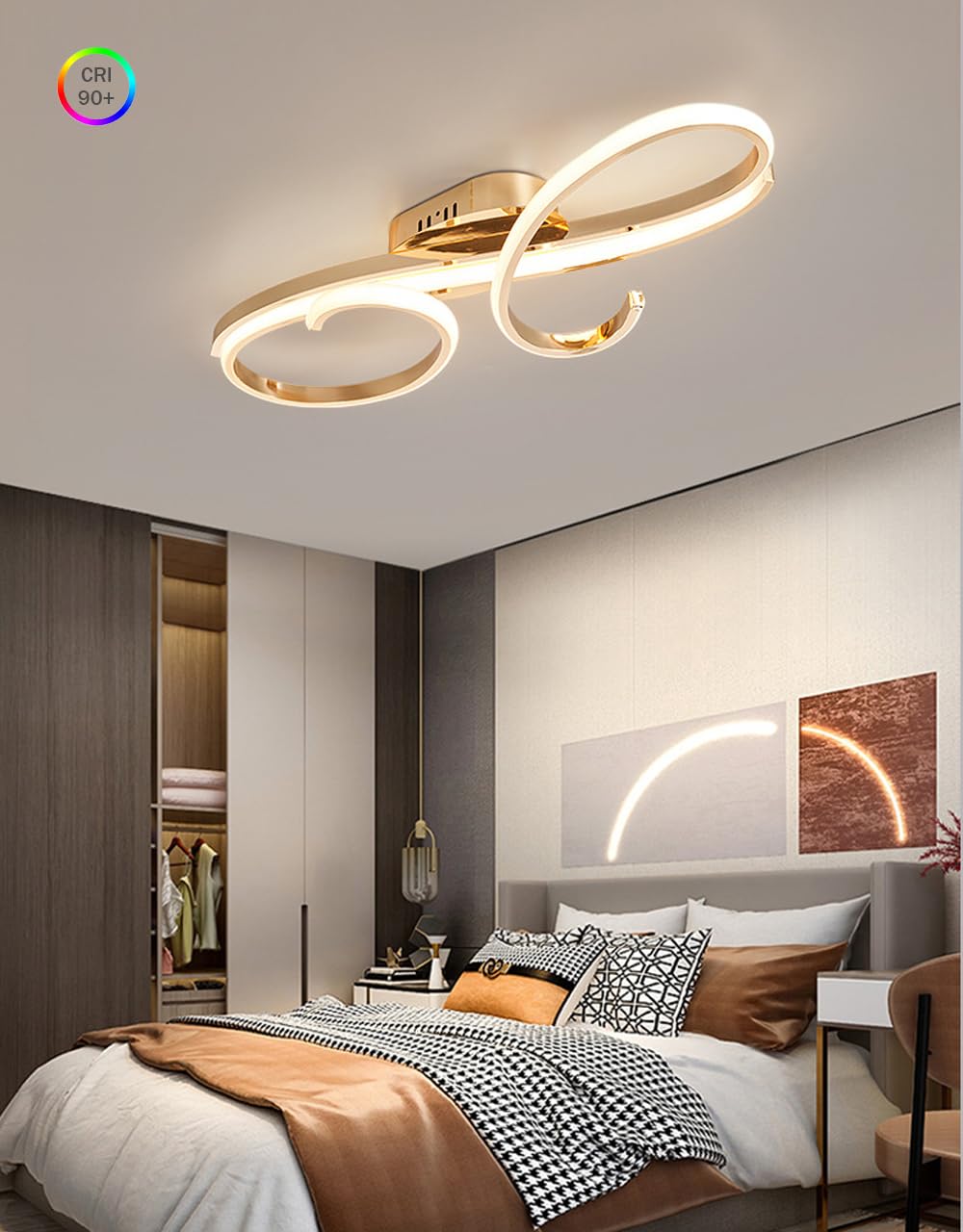 WSXEDC Moderne Kreative LED Deckenleuchte Dimmbare Metall Chrom für die Augenpflege Deckenlampe Mit Fernbedienung für Wohnzimmer Schlafzimmer Esszimmer Flure Gold 60cm