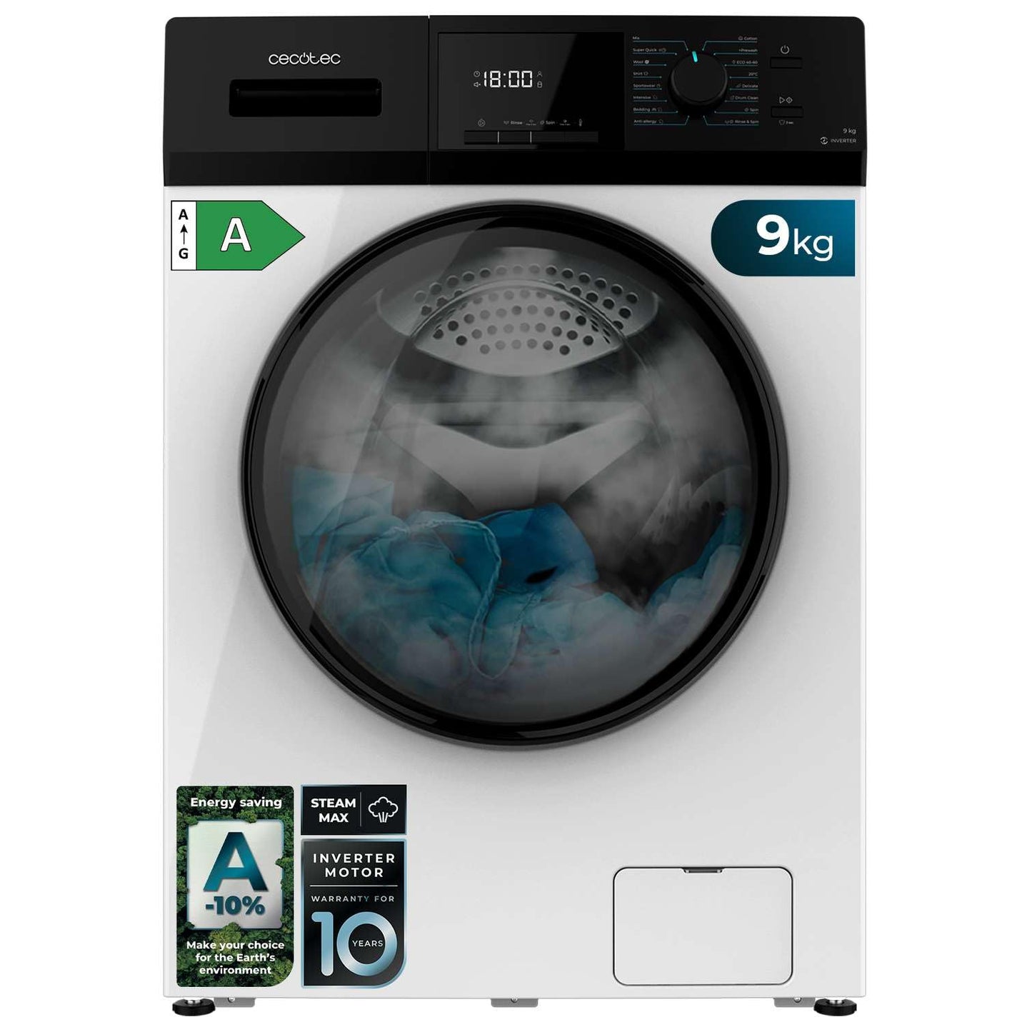 Cecotec Waschmaschine 7 kg Frontlader Bolero Dresscode 7410 Inverter A. 1850W, 1200 U/min einstellbar, 16 Programme, Inverter Plus Motor, Niedriger Verbrauch, Dampf, Kleidung sterilisieren