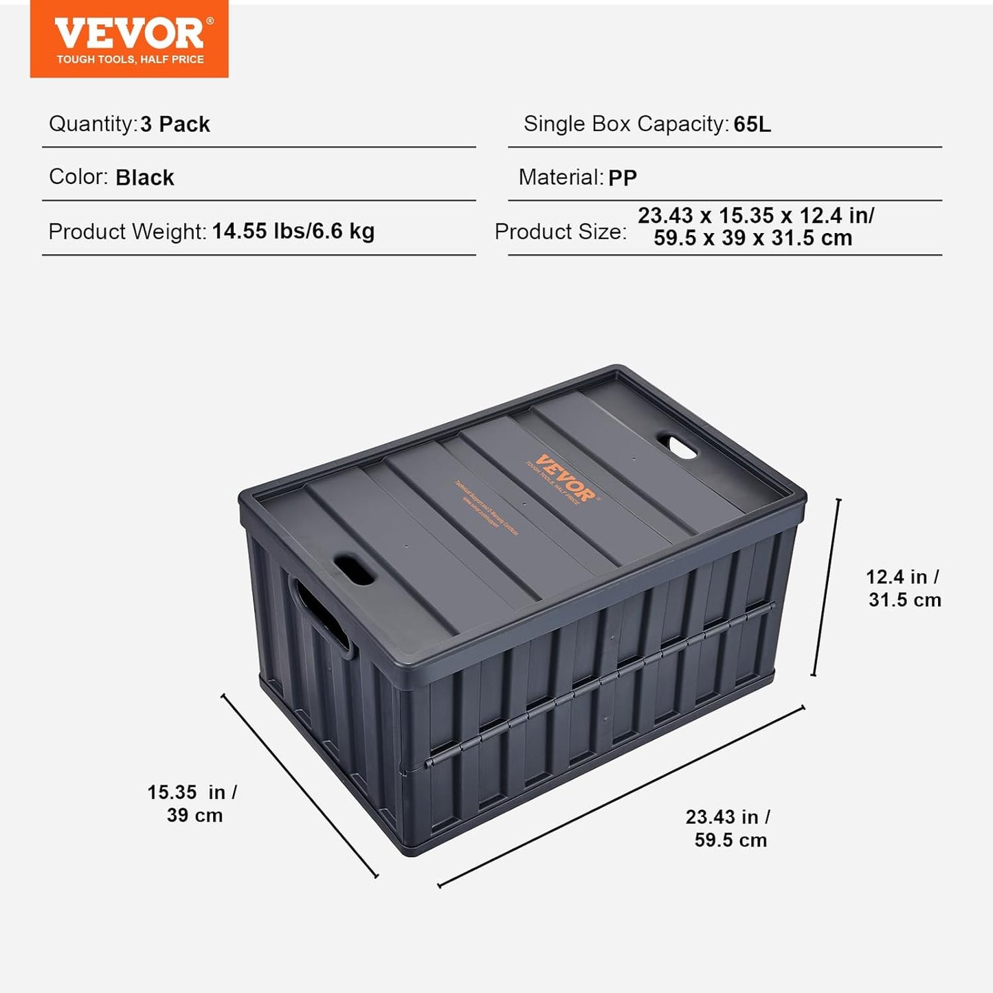 VEVOR Set of 3 65L Professional Folding Box Made of PP Transport Box with Lid Foldable Storage Box with Handle Stackable Boxes Storage Box Folding Boxes Stacking Boxes for Storage and Transport
