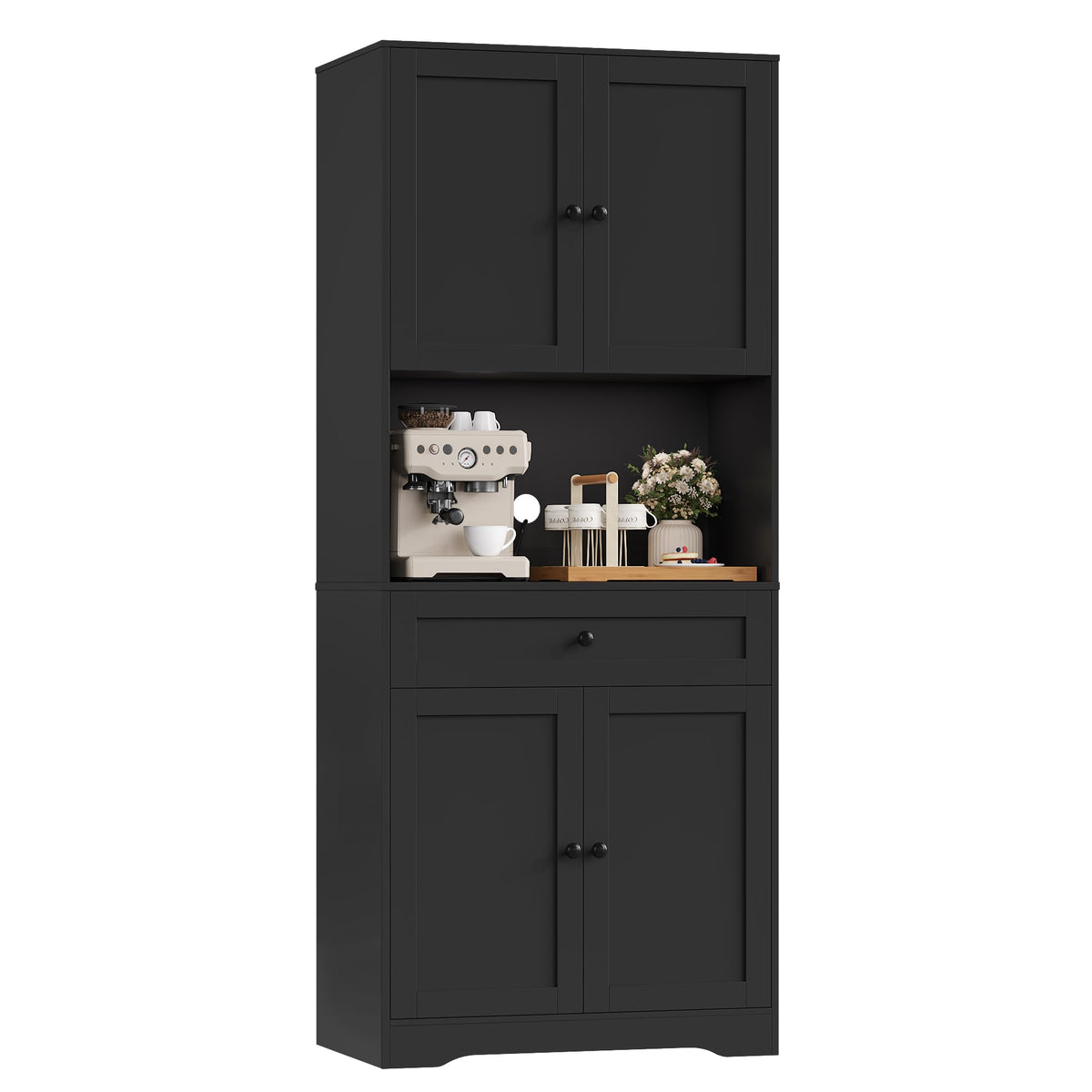 FOREHILL Tall Kitchen Cabinet, Kitchen Buffet Cabinet with Worktop, 4 Doors, Drawer, Cable Hole, Adjustable Shelves, Multi-Purpose Cabinet for Living Room, Kitchen, 75 x 40 x 180 cm, White