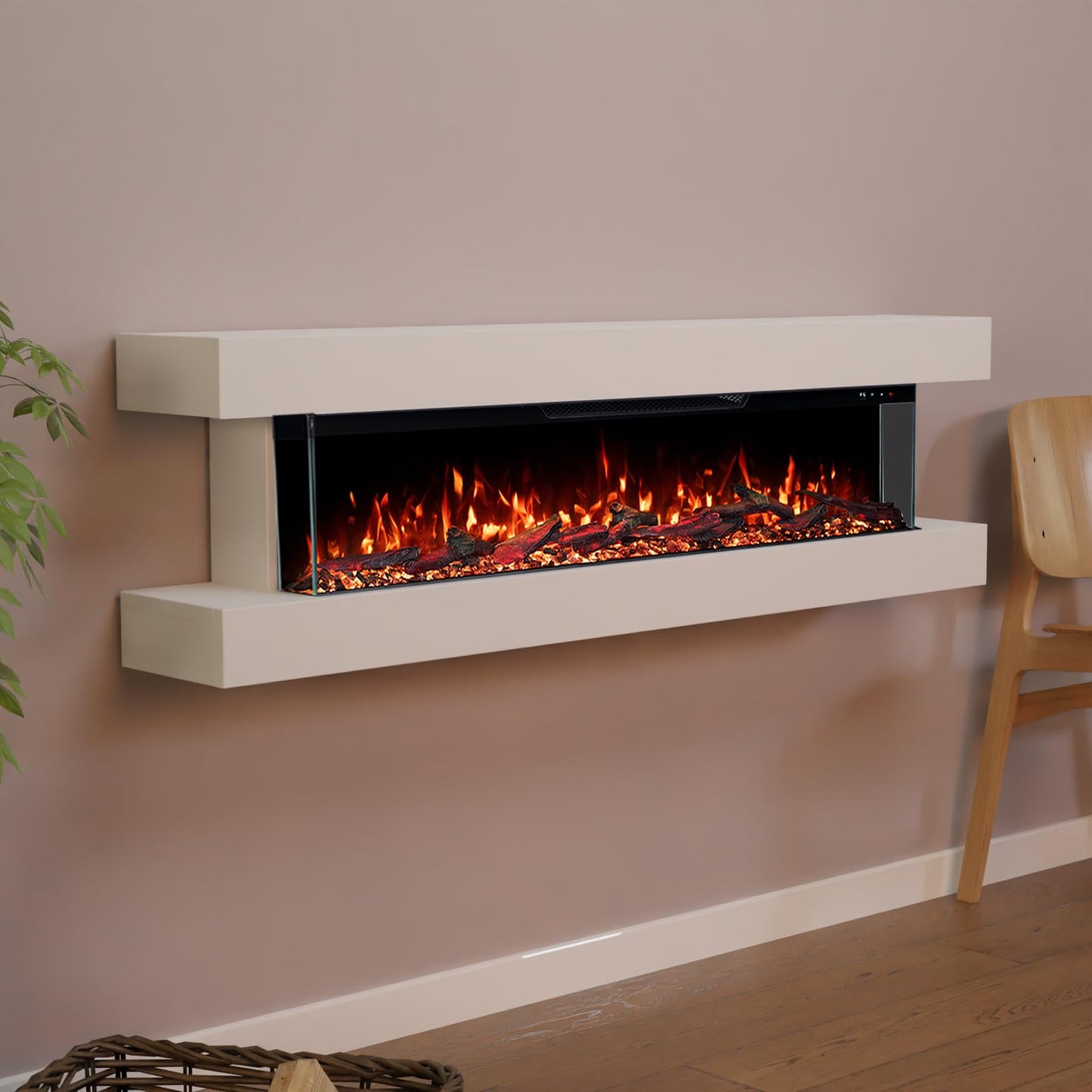 GLOW FIRE Clear Wall Electric Fireplace with Realistic 3D LED Fire - Wall Electric Fireplace with Heater and Fireplace, App Control, Crinkle Effect & Timer, Max. 1800 W, 137 x 39 x 21 cm, White