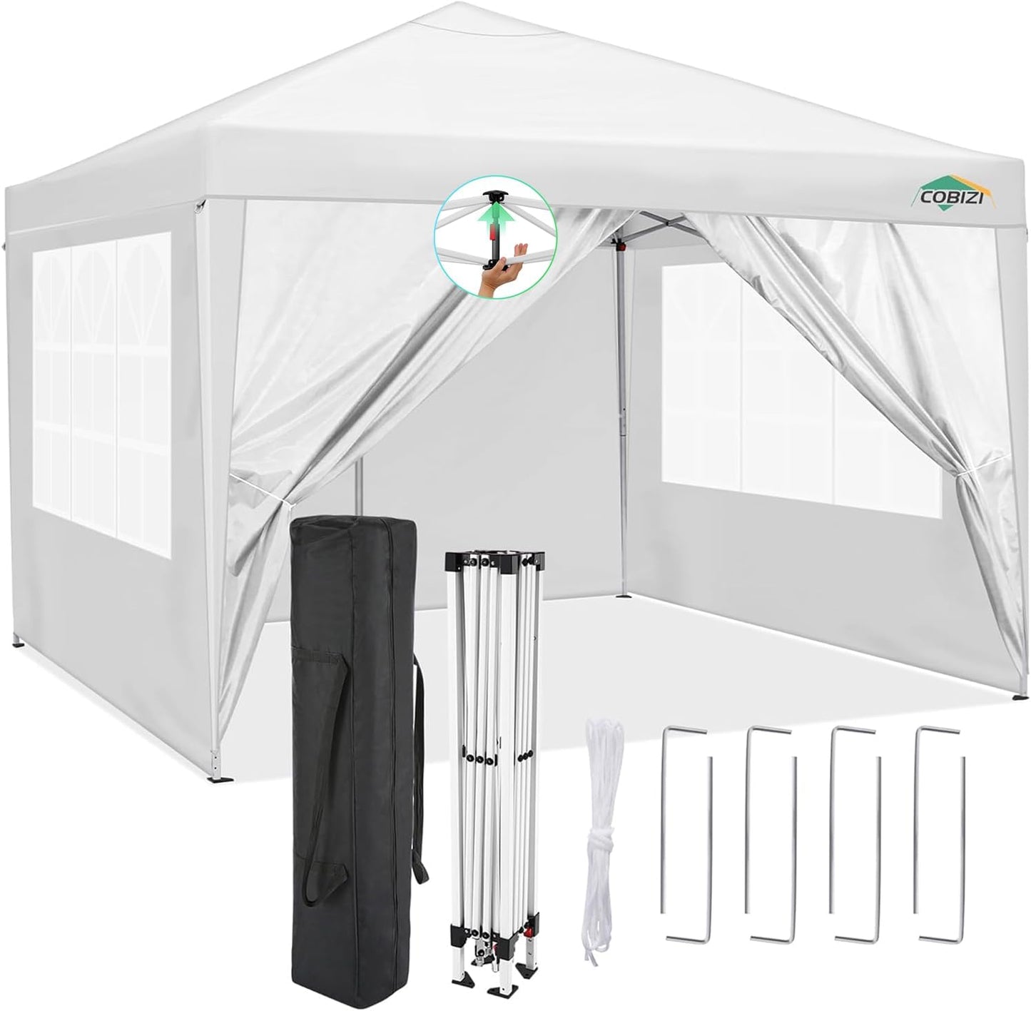 COBIZI Gazebo 3 x 6 Folding Gazebo Waterproof Stable Winterproof Foldable Party Tent with 6 Side Panels Pop Up Garden Gazebo UV Protection 50+ Height Adjustable for Beach Wedding Camping White