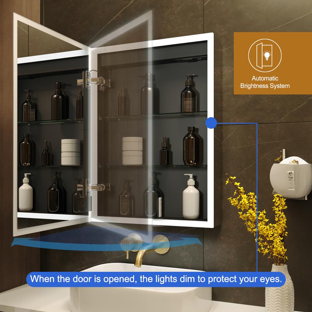 KWW LED Beleuchtetes Badezimmer Medizin Kabinett mit Spiegel, Farbtemperatur Einstellbar, Anti-Nebel Dimmbare Lichter, Steckdosen für USBs (75 x 70 cm)