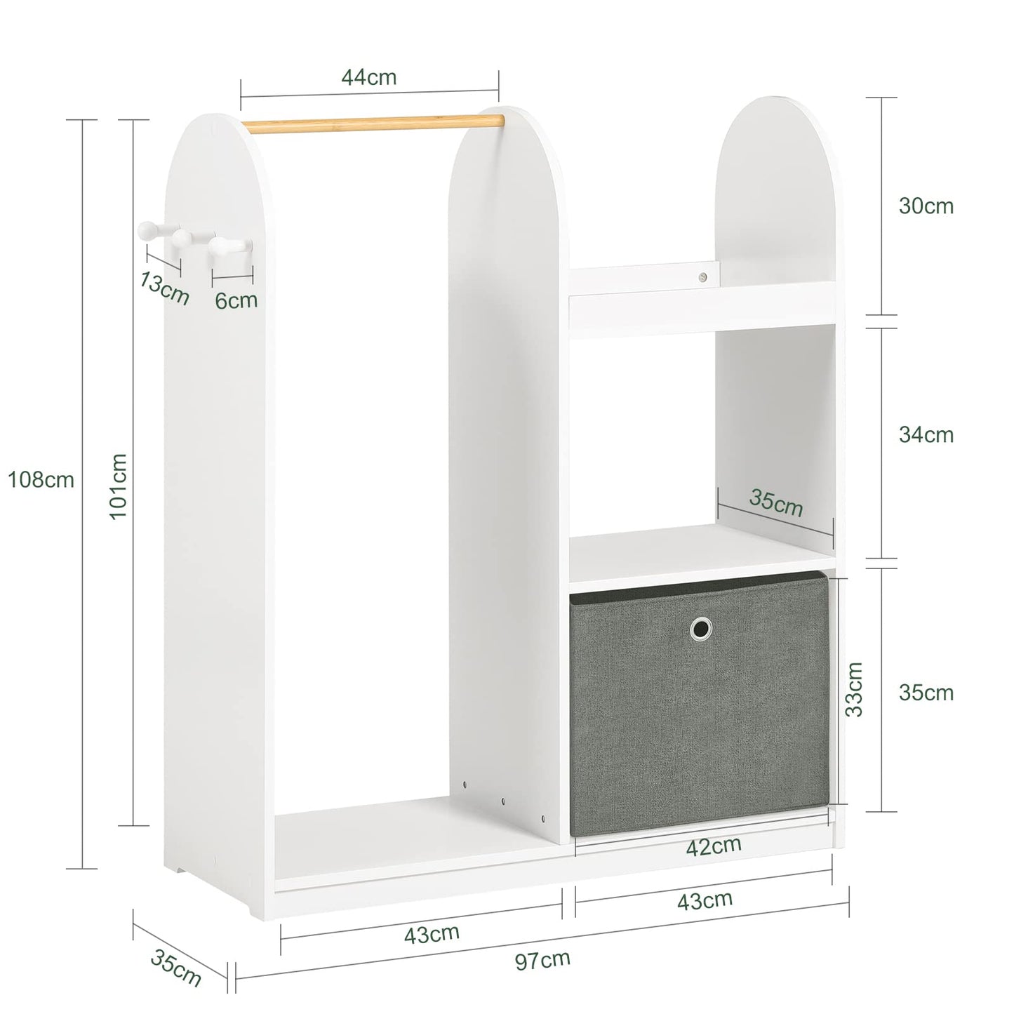 SoBuy KMB40-W Children's Wardrobe with 3 Hooks Children's Wardrobe Children's Wardrobe with Boxes Clothes Rack Children's Shelf Children's Room White 97 x 108 x 35 cm