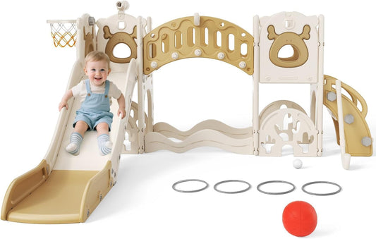 Children's Slide, Large Toddler Slide with Basketball Hoop, Climbing Frame for the Garden, Telescope, Storage Space, for 1-3 Years, Extra Long 1700 mm (7-in-1 Elk Slide Active Model (Khaki)))