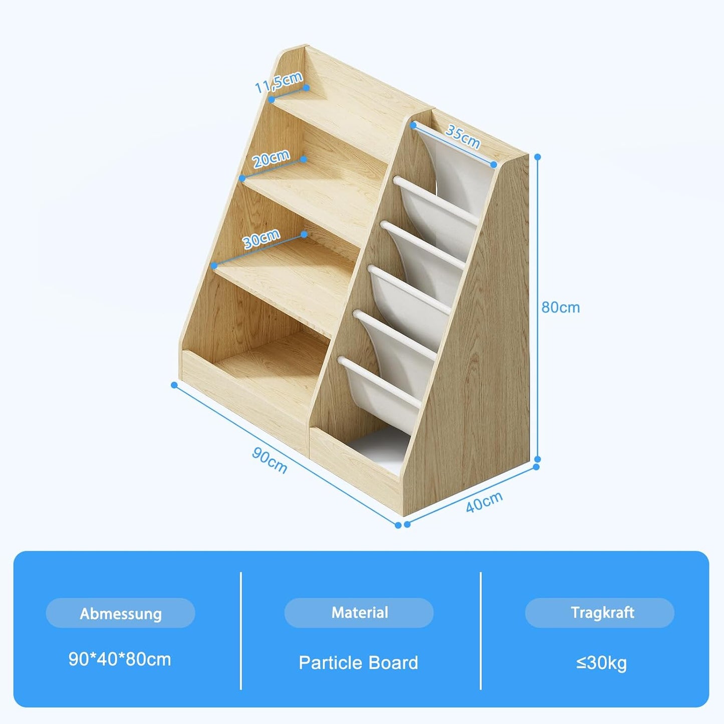 Children's Shelf, White with 5 Shelves and 4 Open Compartments, Bookcase for Children, Toy Organiser, 90 x 40 x 80 cm