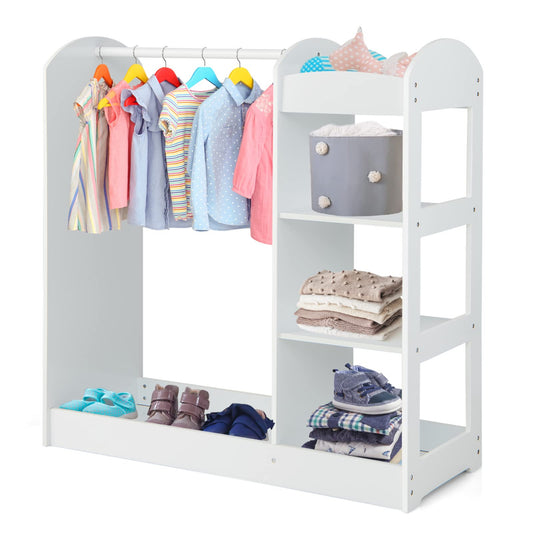DREAMADE Children's Wardrobe with Mirror and Clothes Rail, Children's Wardrobe with 4 Open Shelves, Children's Clothes Rack for Children's Room, 93.5 x 38 x 100 cm (White)