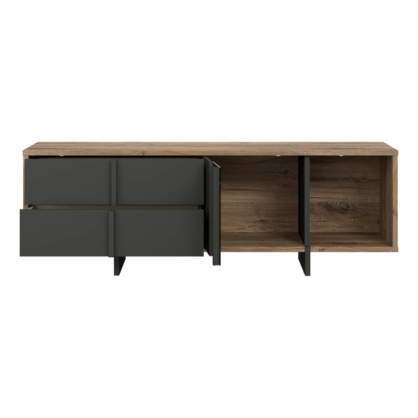 Forte TREBBIA TV Cabinet 150 160 Modern Cabinet with 2 Drawers Lowboard TV Rack Wood Composite Concrete Look Dark Grey/White High Gloss 152.7 cm Wide x 46.7 cm High x 51.7 cm Deep