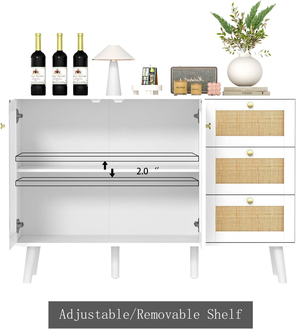 Sideboard 120 cm Rattan Kitchen Cabinet with Adjustable Shelf, Buffet Cabinet with 3 Drawers and 3 Doors, Storage Cabinet for Living Room, Kitchen, Dining Room, Hallway, White, 120 x 40 x 82