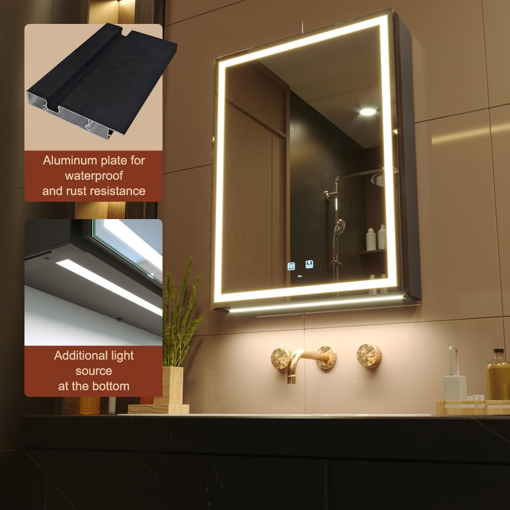 KWW LED Beleuchtetes Badezimmer Medizin Kabinett mit Spiegel, Farbtemperatur Einstellbar, Anti-Nebel Dimmbare Lichter, Steckdosen für USBs (75 x 70 cm)
