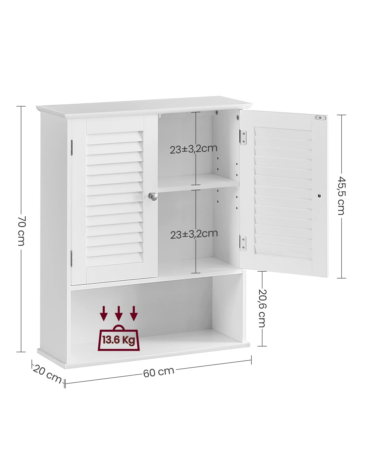 VASAGLE Wall Mounted Bathroom Cabinet, Medicine Cabinet with Height-Adjustable Shelf, Double Door, Open Compartment, 60 x 20 x 70 Cm, Wood, White, BBC27WT