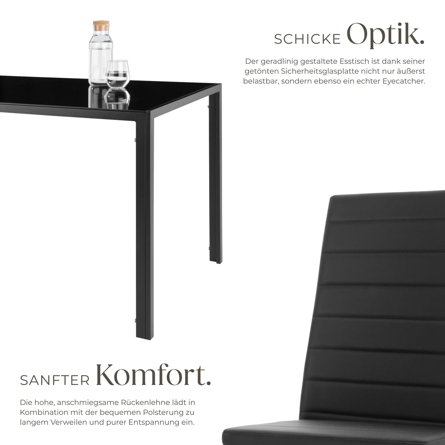 tectake Dining Set Table and Chairs, Dining Table and 4 x Chairs, Durable Faux Leather, Safety Glass Table Top, Modern Kitchen Chairs - Black