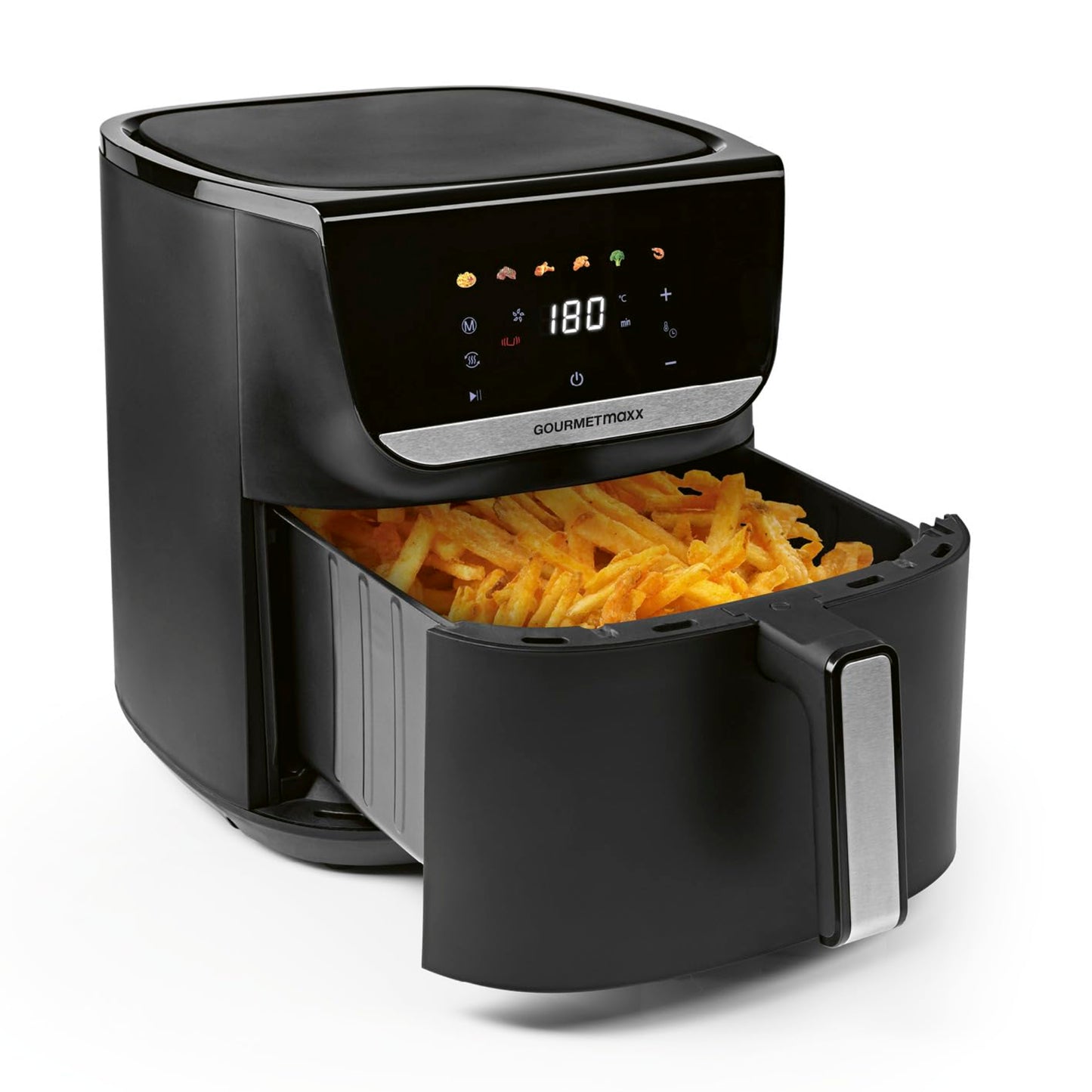 GOURMETmaxx Digitale Heißluftfritteuse 12 L, XXL-Edelstahl-Ofen | Airfryer + Timer, Touchdisplay, Drehspieß | fettarm, energiesparend frittieren | 10 Programme inkl. Pizza | 1800 W