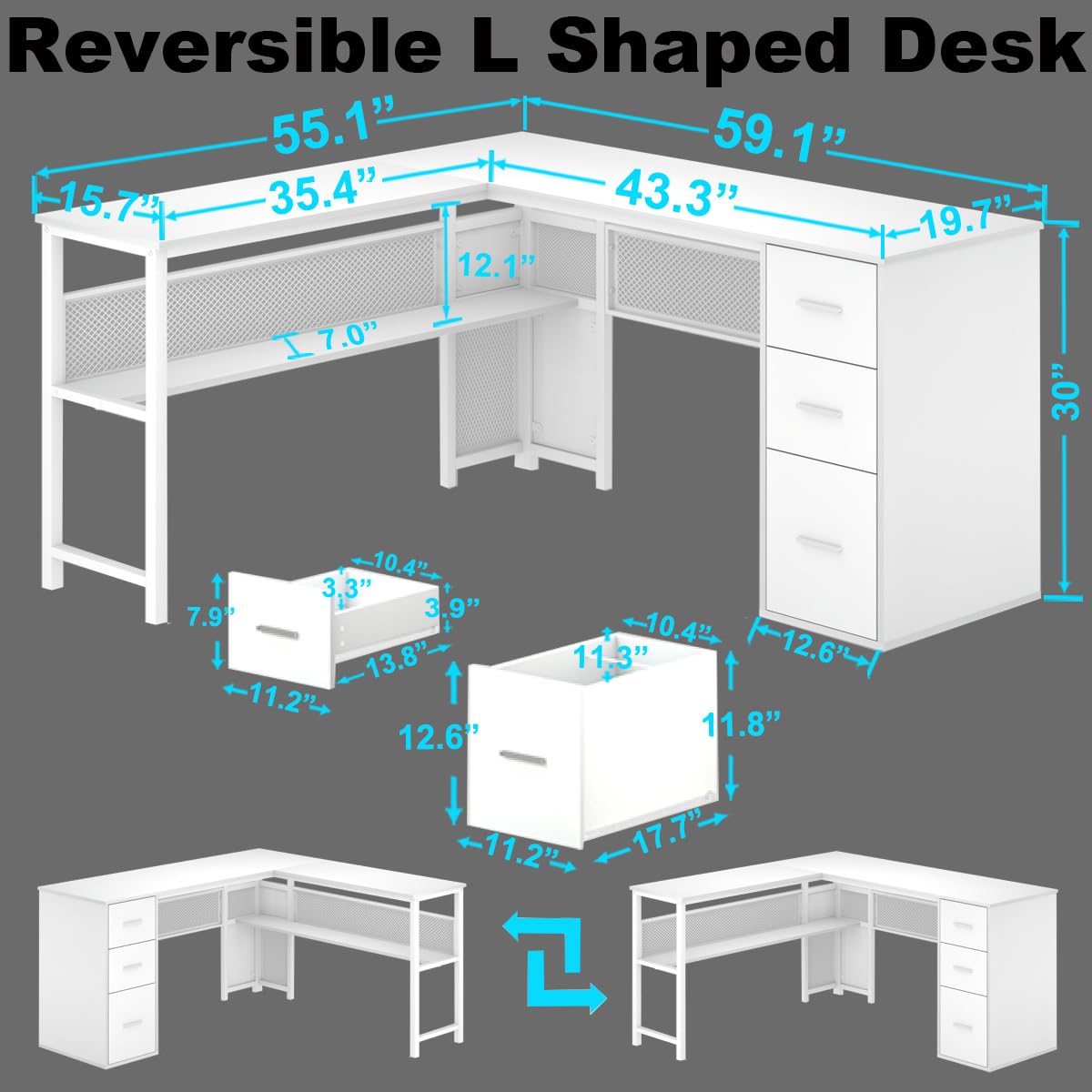 LVB White L Shaped Corner Desk with Drawers, Reversible Modern L Shaped Computer Desk with Storage Cabinets, Large L Shaped Wooden L Shaped Desk Metal L Shape