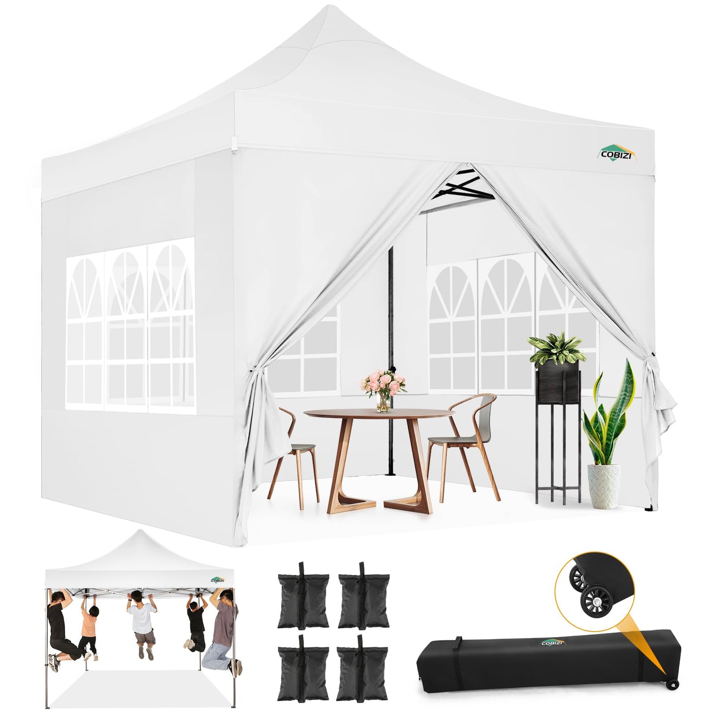 COBIZI Pavillon Faltpavillon 3x3 wasserdicht stabil Winterfest,Outdoor faltbar partyzelt，gartenpavillon mit 4 Seitenteilen und 4 Sandsack und Laufradtasche, Schwarz
