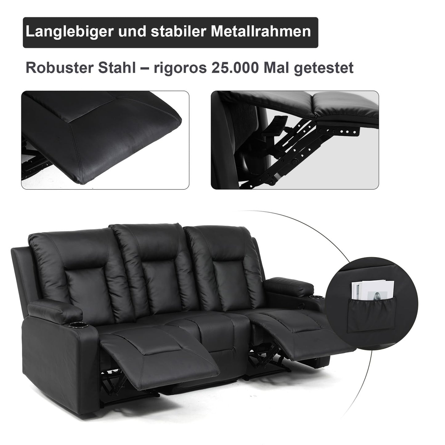 COMHOMA Relaxsessel-Set, Sofa, Sofa-Set aus Kunstleder, Fernsehsessel Ruhesessel Liegesessel mit Liege-Funktion Polstersessel Schlafsessel für Wohnzimmer Schlafzimmer Heimkino,Schwarz, 3+2+1