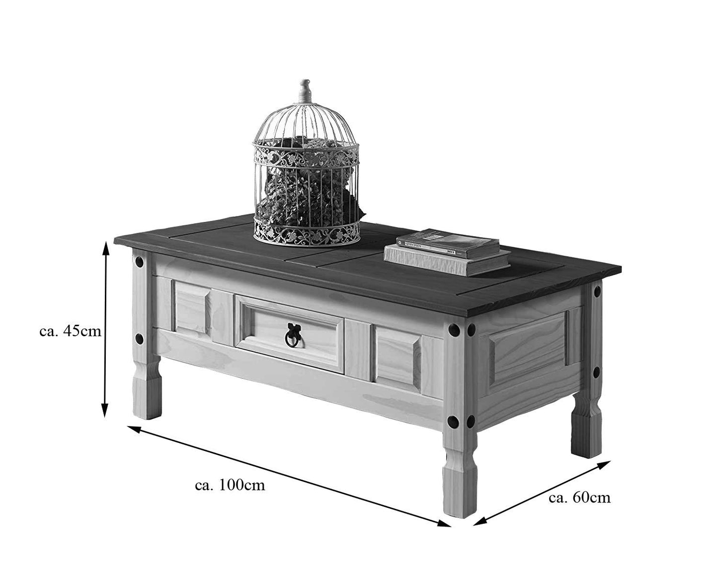 SAM Cancun Coffee Table Solid Pine Wood Side Table with Drawer White Varnished Honey Top Plate Black Metal Handle Mexico Furniture