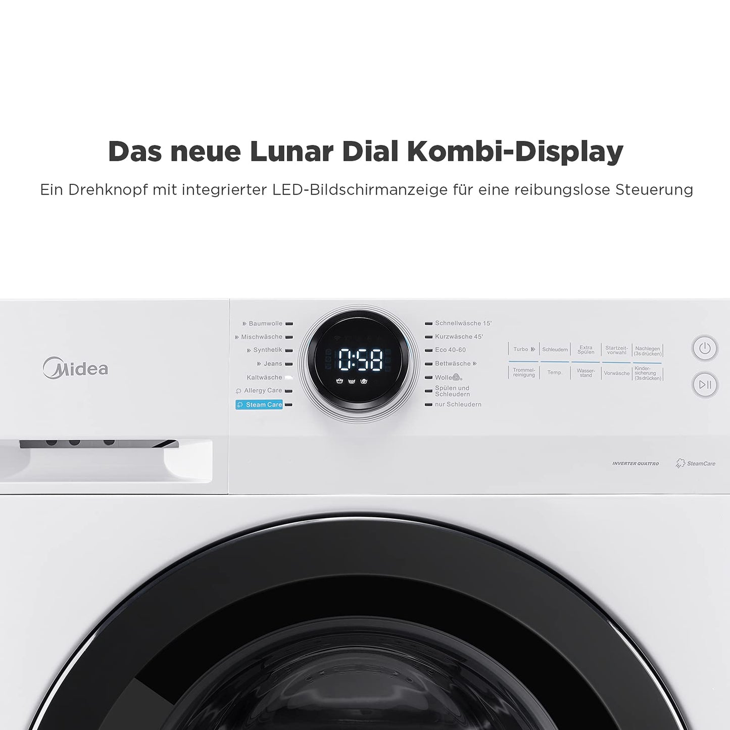Midea MF200W80WB-14AS Washing Machine, 8 kg, Energy Efficiency Class A, Automatic Volume, Steam Care, Refill Function, 1400 rpm, Time Saving, Turbo, Only 48 cm Deep, App Control, AquaStop, White