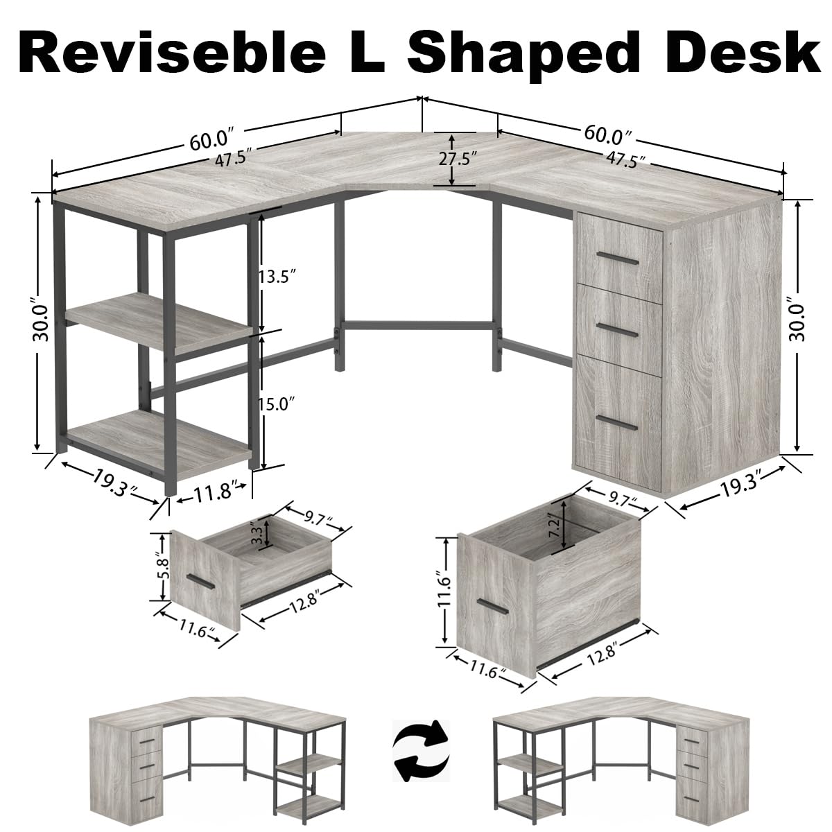 LVB White L Shaped Corner Desk with Drawers, Reversible Modern L Shaped Computer Desk with Storage Cabinets, Large L Shaped Wooden L Shaped Desk Metal L Shape