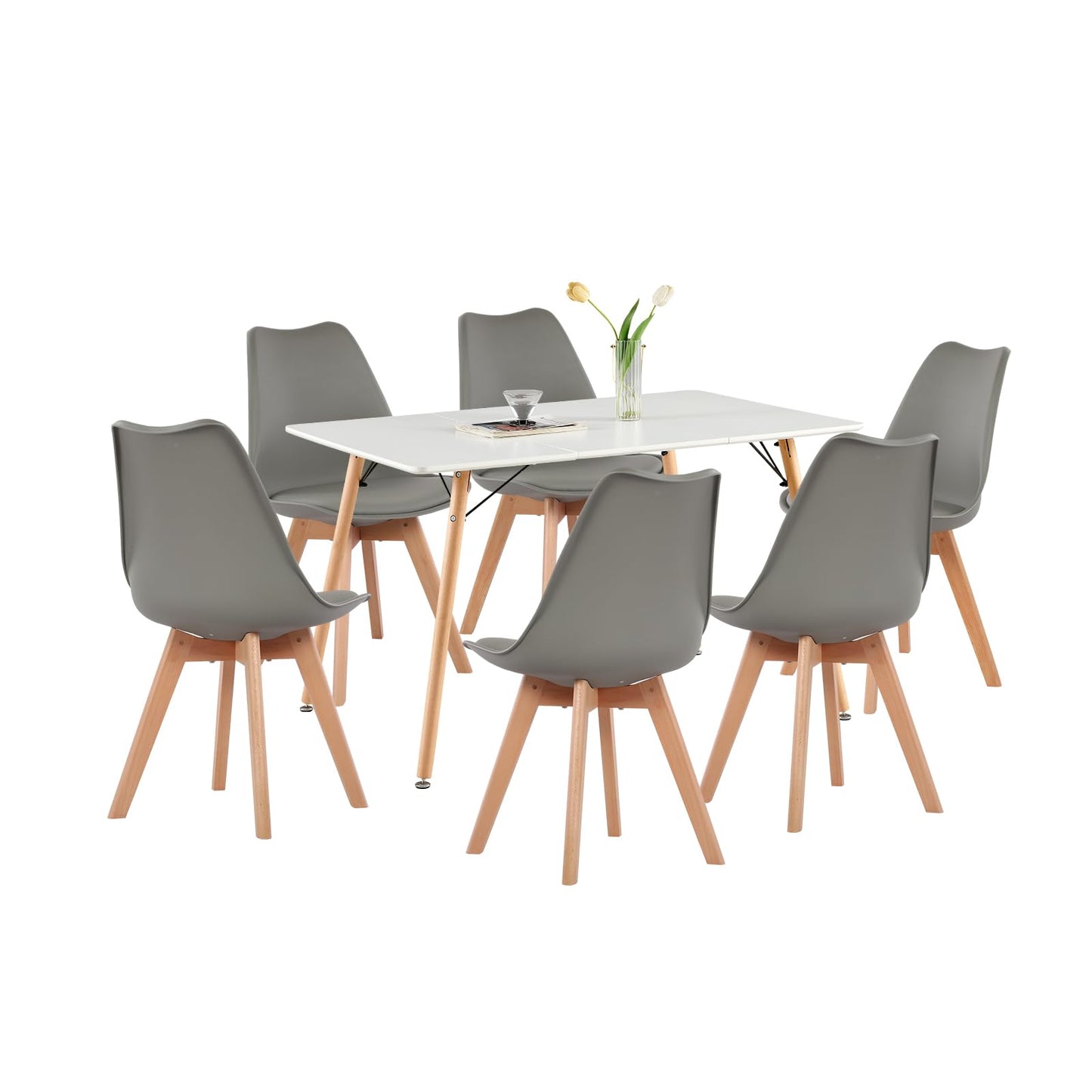 H.J WeDoo Esszimmergruppe mit 4 Essstühlen, Rechteckig Esstisch und Stühle für Esszimmer, Küche, Wohnzimmer, Weißer Esstisch und Graue Stühle