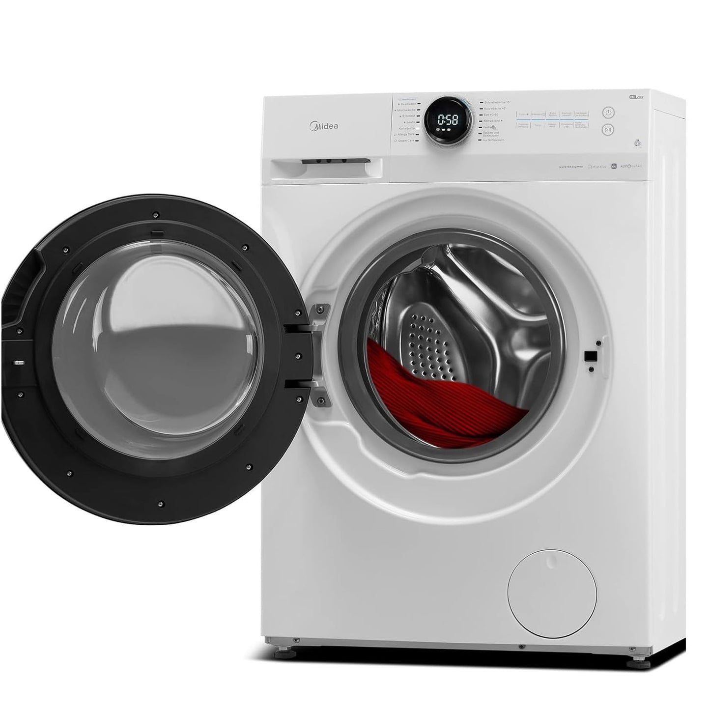 Midea MF200W80WB-14AS Washing Machine, 8 kg, Energy Efficiency Class A, Automatic Volume, Steam Care, Refill Function, 1400 rpm, Time Saving, Turbo, Only 48 cm Deep, App Control, AquaStop, White