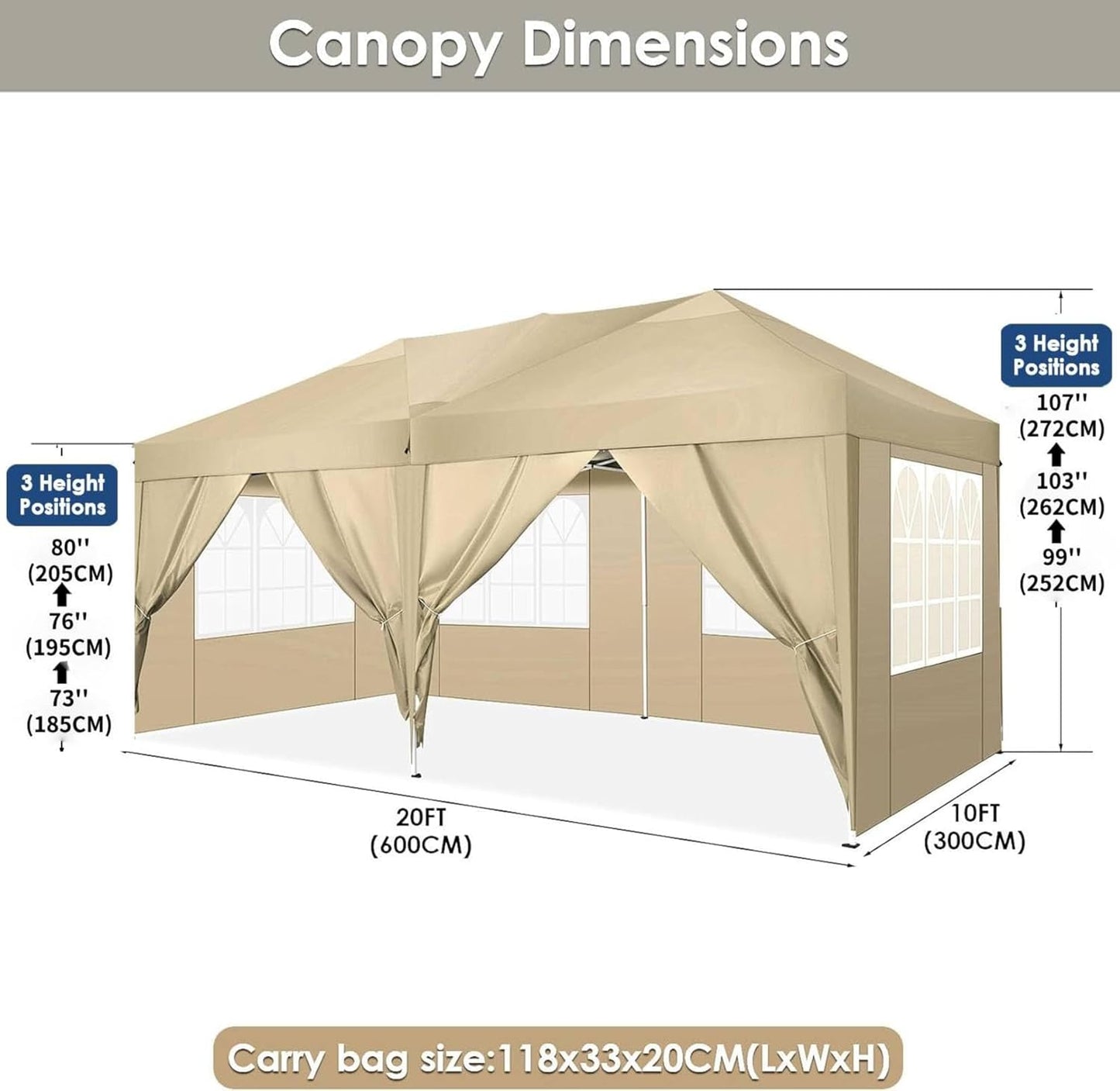 COBIZI Gazebo 3 x 6 Folding Gazebo Waterproof Stable Winterproof Foldable Party Tent with 6 Side Panels Pop Up Garden Gazebo UV Protection 50+ Height Adjustable for Beach Wedding Camping White