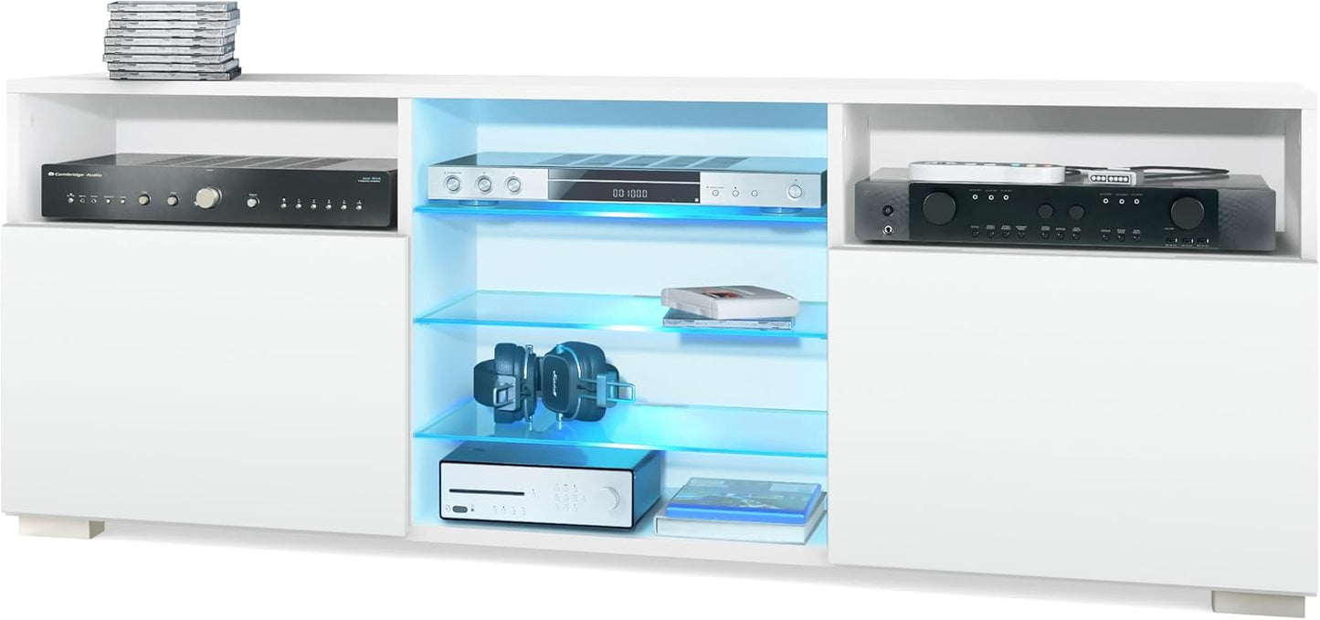 Vladon Granada TV Board Lowboard with 2 Doors and 6 Open Compartments, Matt White Body, Fronts in Sand Grey High Gloss (146 x 54 x 35 cm)