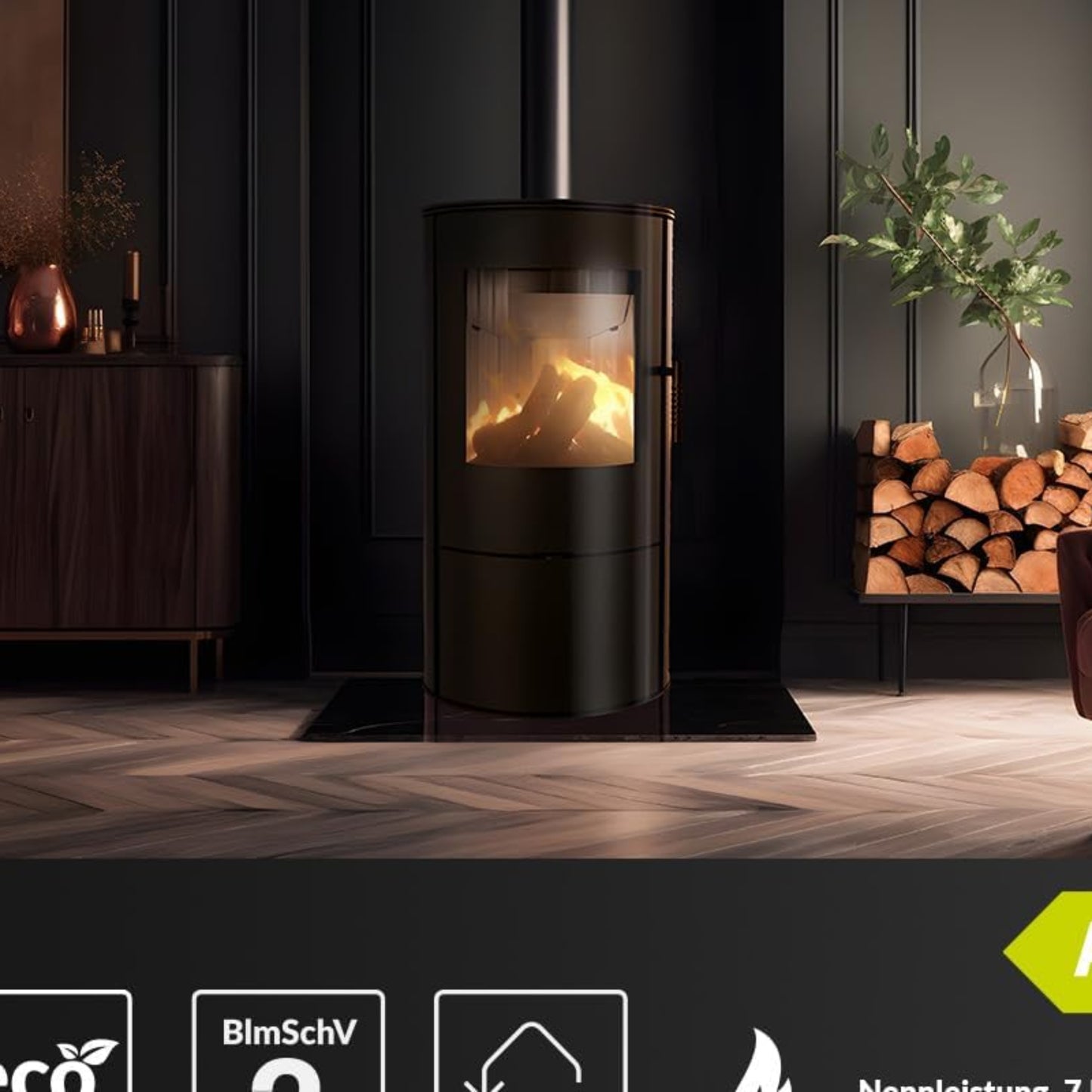 KRATKI Fireplace Made of Steel Rollo Ready Set Diameter 150 7 kW with Indoor Air Independent, Blass Cladding, Freestanding, BImSchV 2, Dust Outlet, 150 mm, EEK A Fireplace HKI