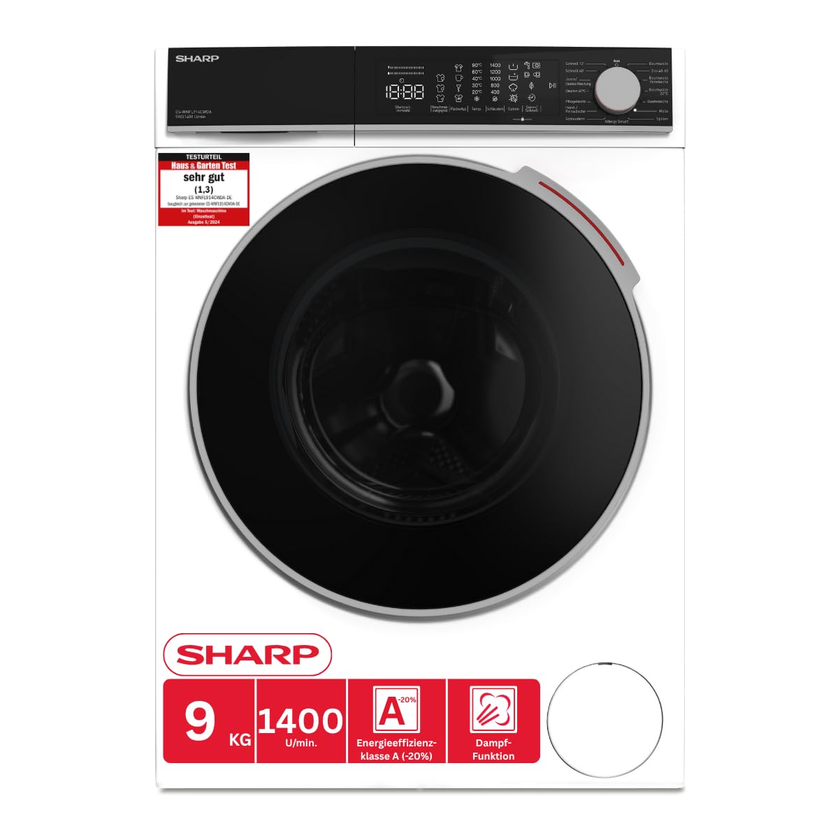 Sharp ES-WNFL914CMDA-DE Washing Machine, 9 kg, 1400 rpm, Energy Efficiency Class A (-20%), Inverter Motor, AquaStop, AquaGuard, WiFi, LED Touch, Steam Function, Black