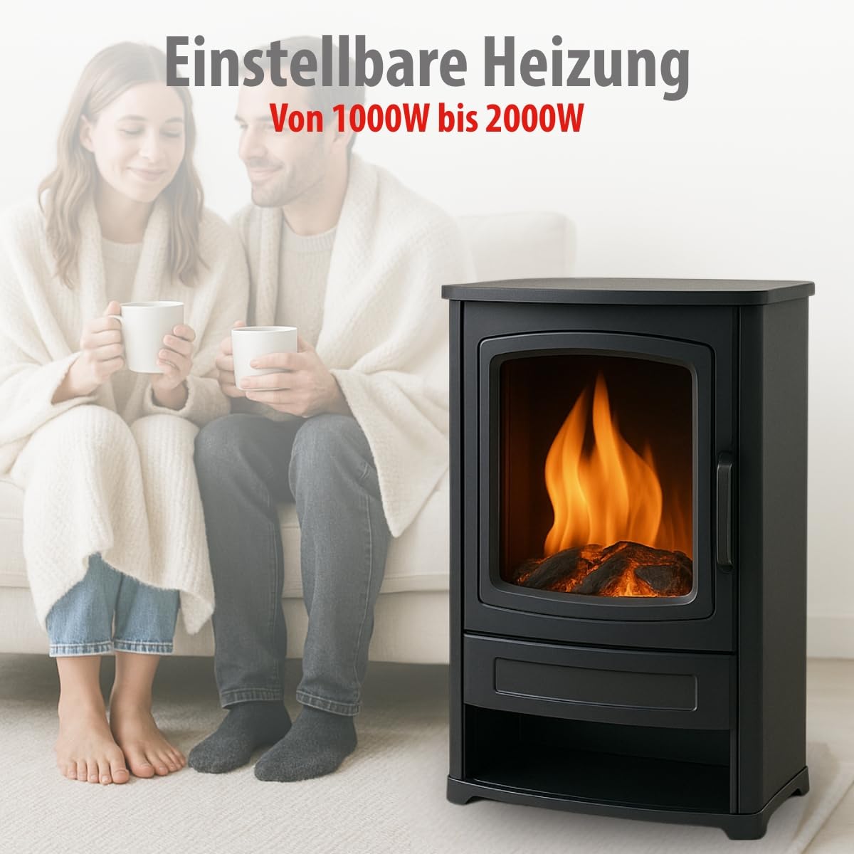 alpina Lucerne Electric Fireplace - Electric Fireplace with Heating 1800-2000W - Electric Fireplace with Thermostat Heating - LED Fireplace with Realistic Flame Effect - Compact Fireplace Freestanding